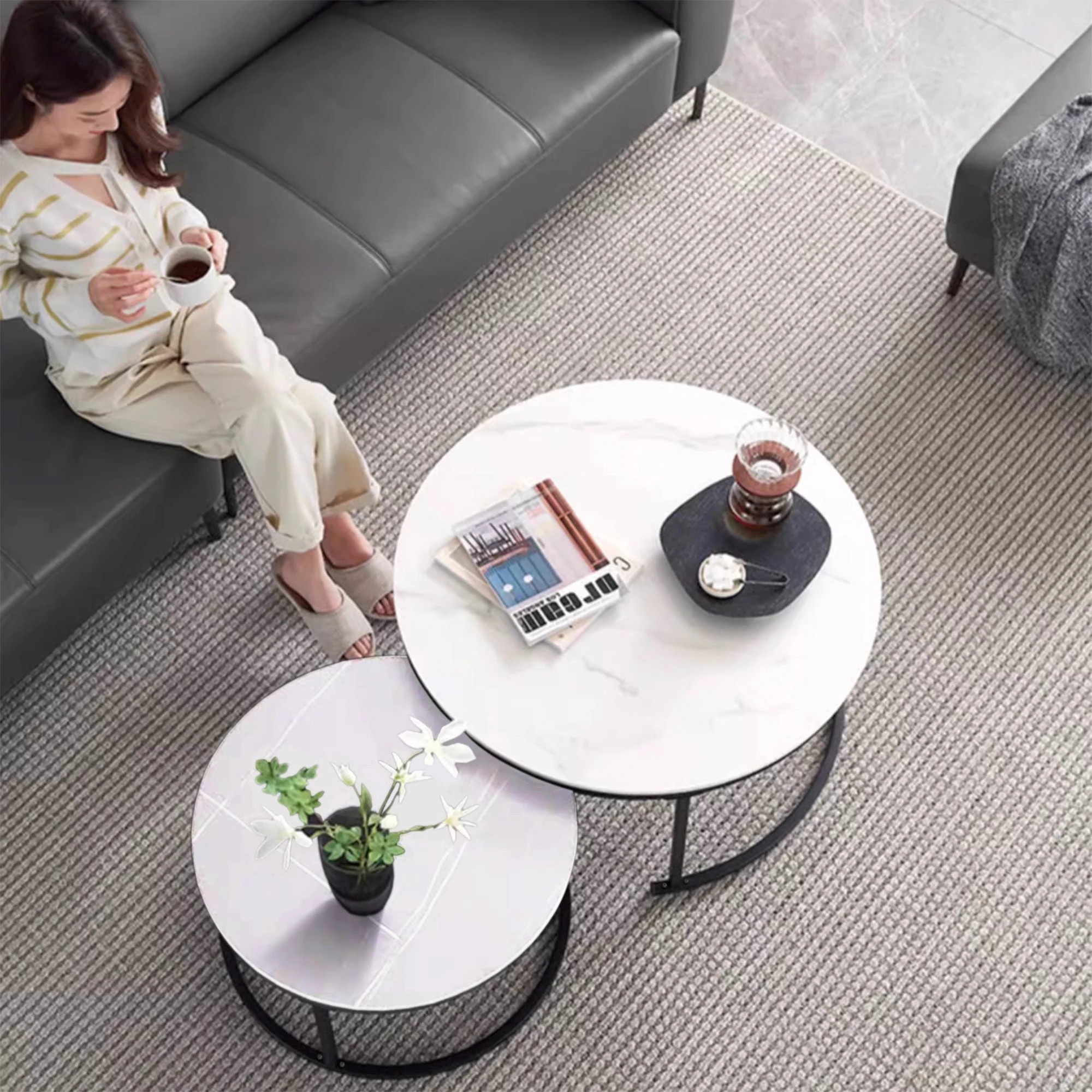 3 Foret Coffee Table 80cm Side Tables 2pc Set Tea Marble Look Tempered Glass Top, 3 of 9