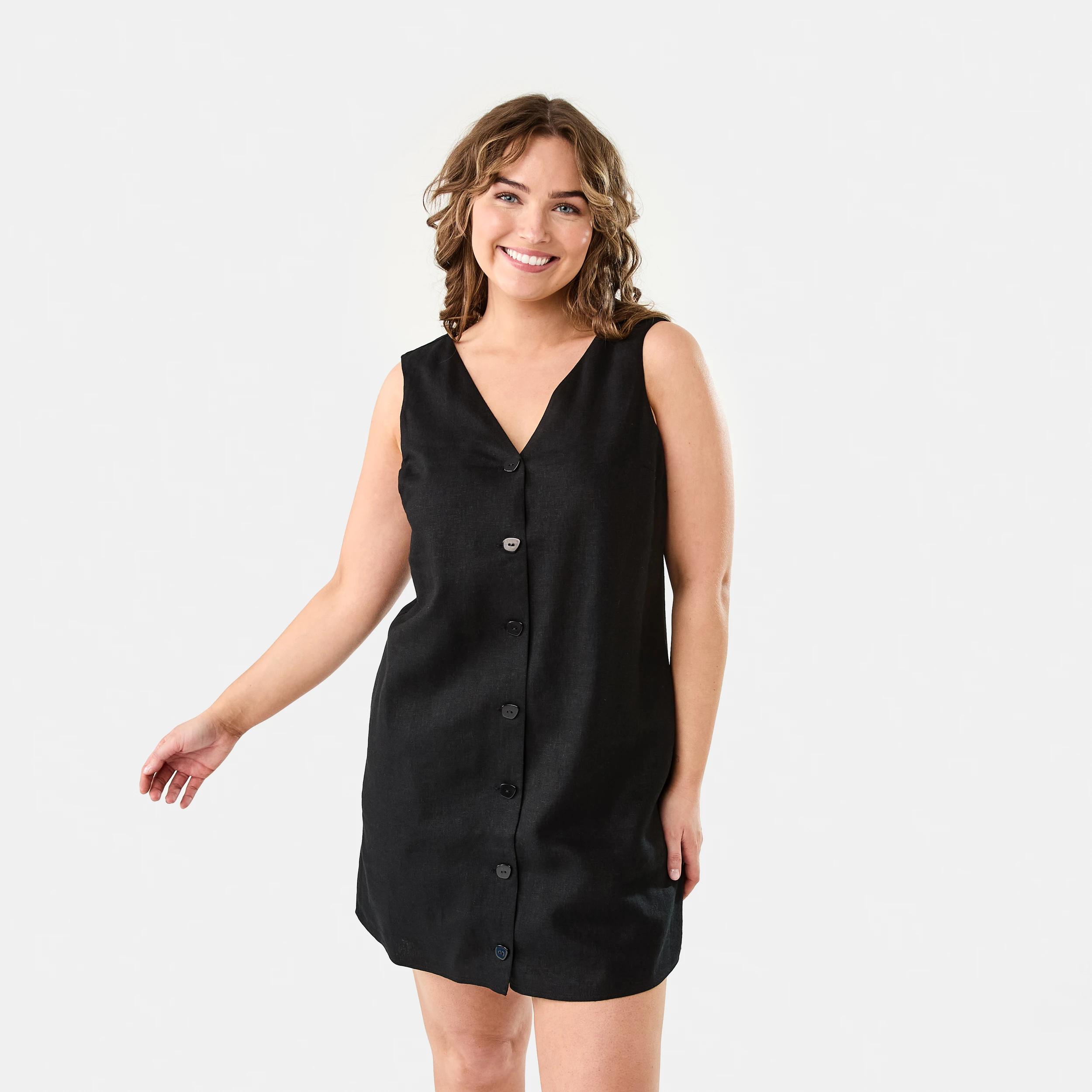 1 Sleeveless V-neck Linen Blend Button Mini Dress Black, 1 of 9