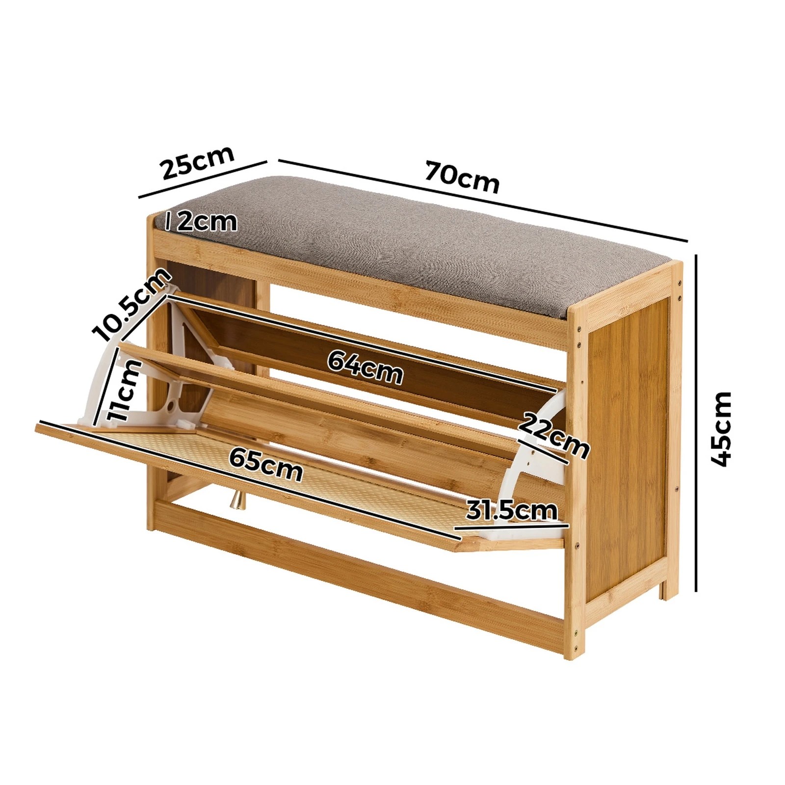 9 Oikiture Shoe Storage Bench Bamboo 2 in 1 Organiser Shelf with Seat 70cm - Natural, 9 of 9