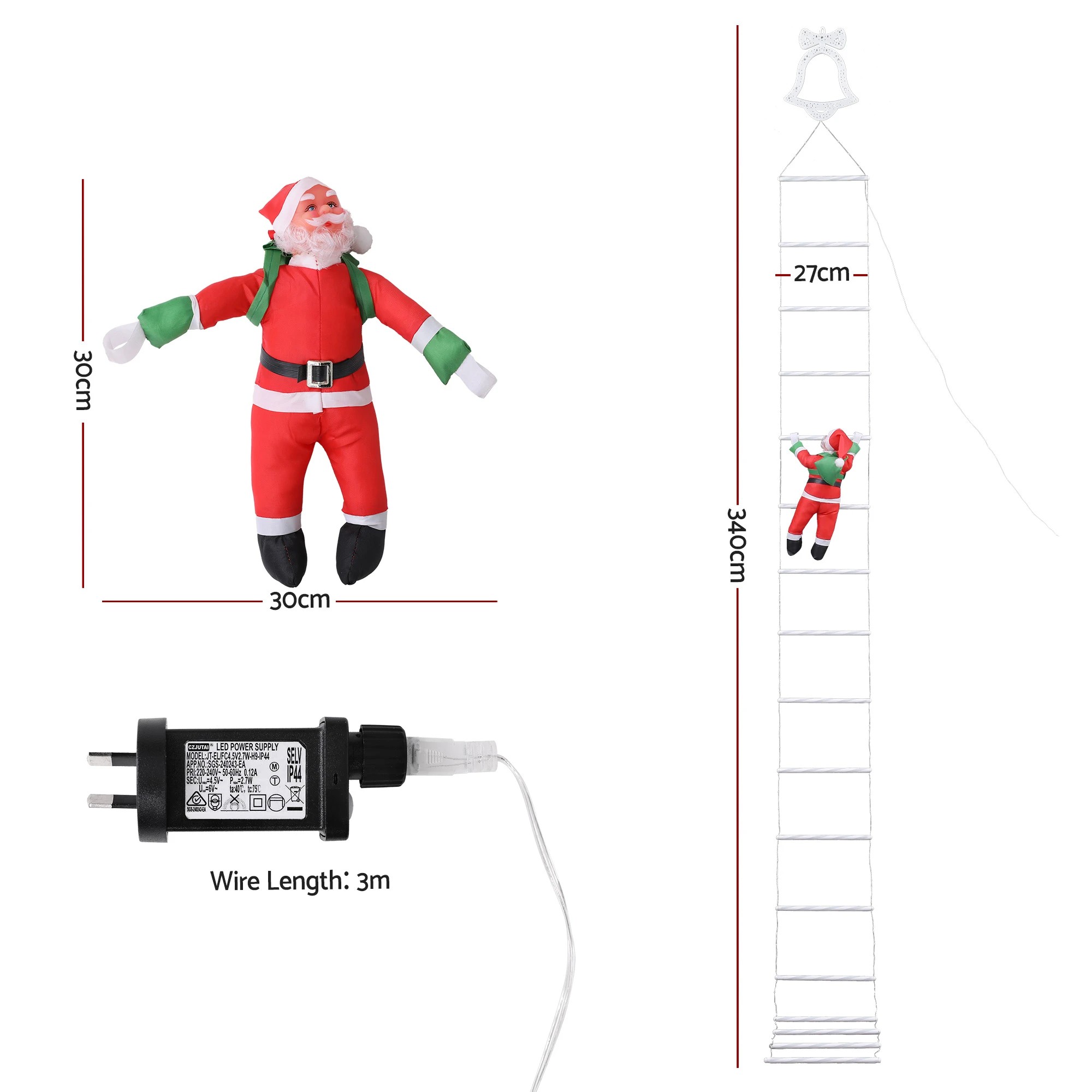 2 Jingle Jollys 3.5M Christmas Lights 300 LED Ladder Light with Santa Claus Decor - Multi, 2 of 9