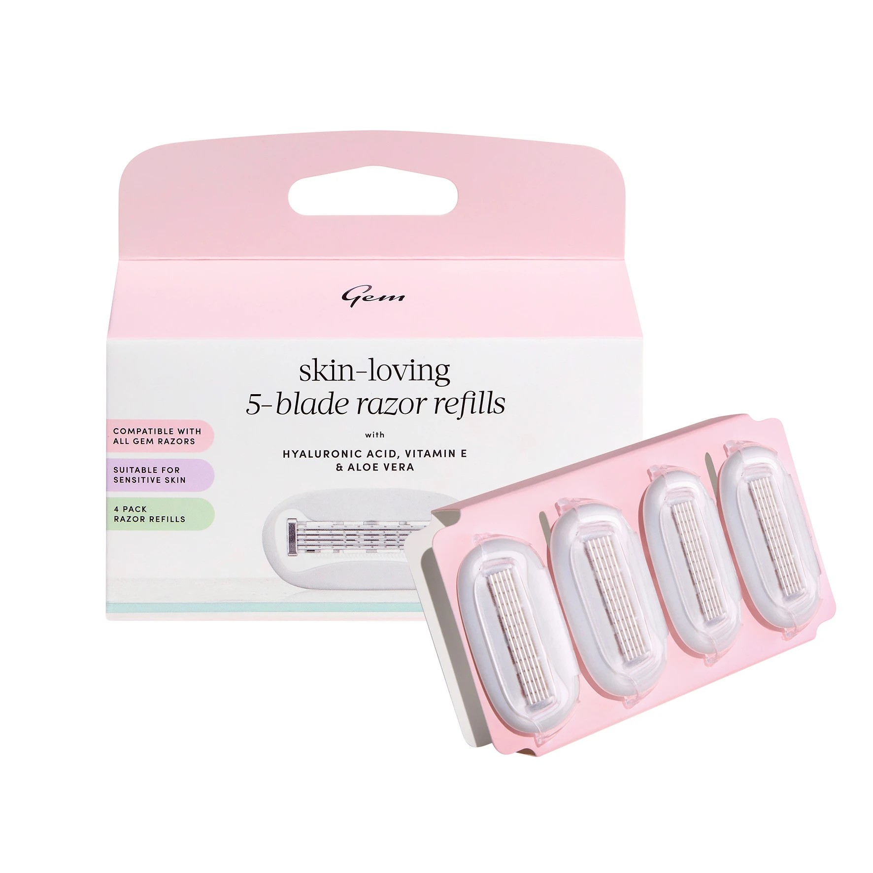 1 Gem 4 Pack Skin-Loving 5-Blade Razor Refills - Hyaluronic Acid, Aloe Vera and Vitamin E, 1 of 6