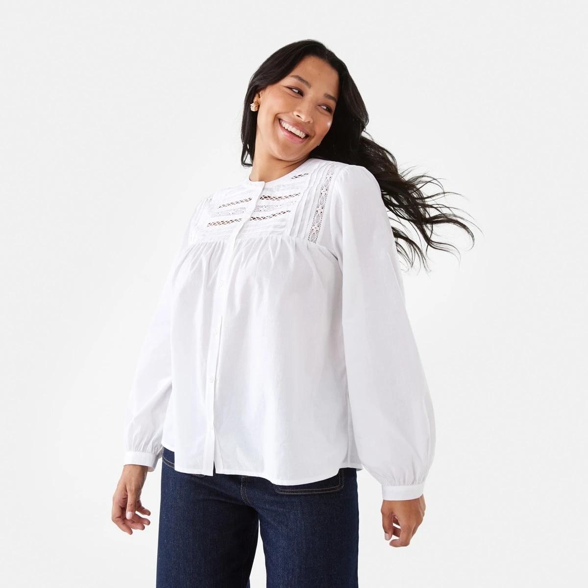 1 Long Sleeve Boho Lace Trim Blouse White, 1 of 7