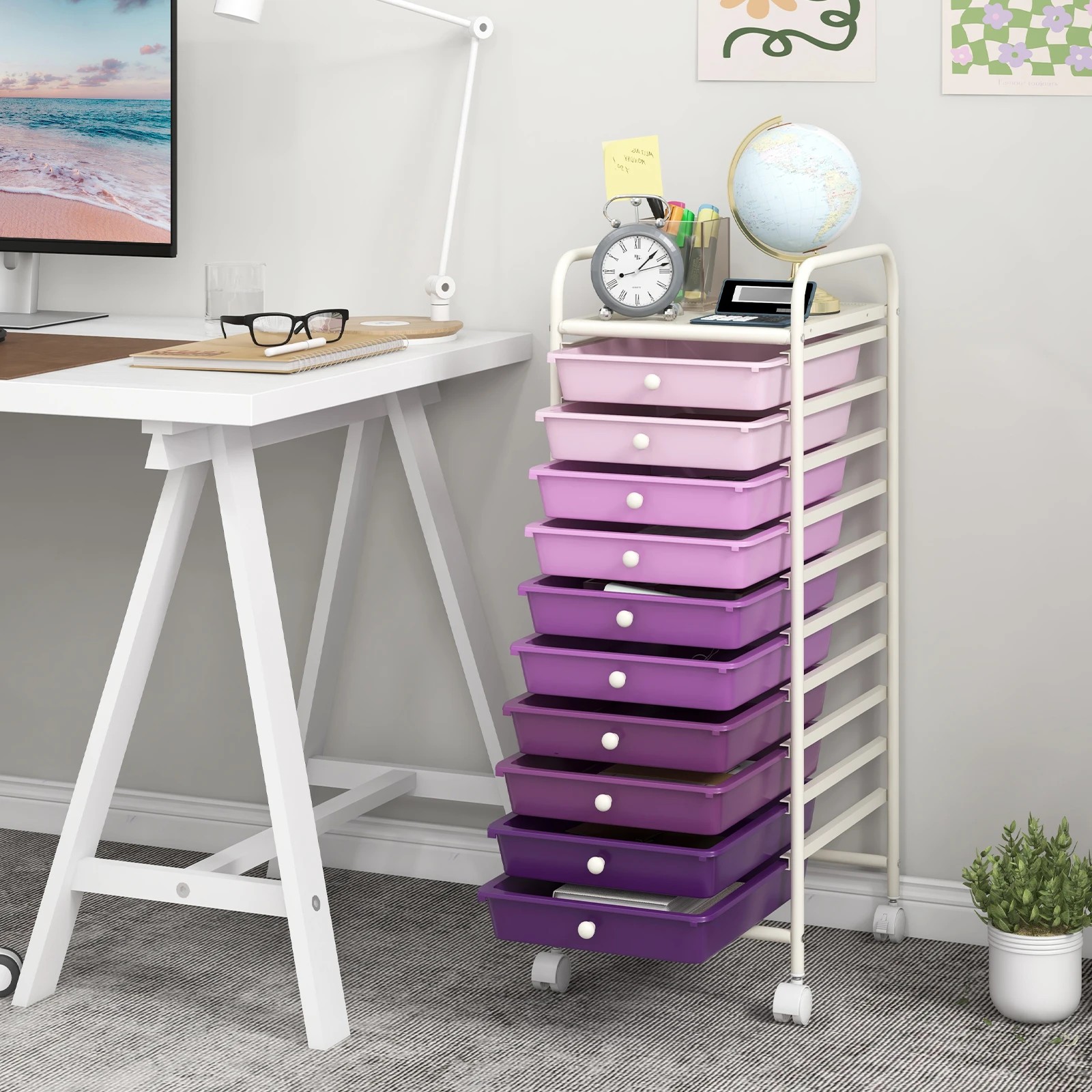 3 Costway 10 Drawers Rolling Storage Cart Mobile Utility Trolley - Purple, 3 of 5