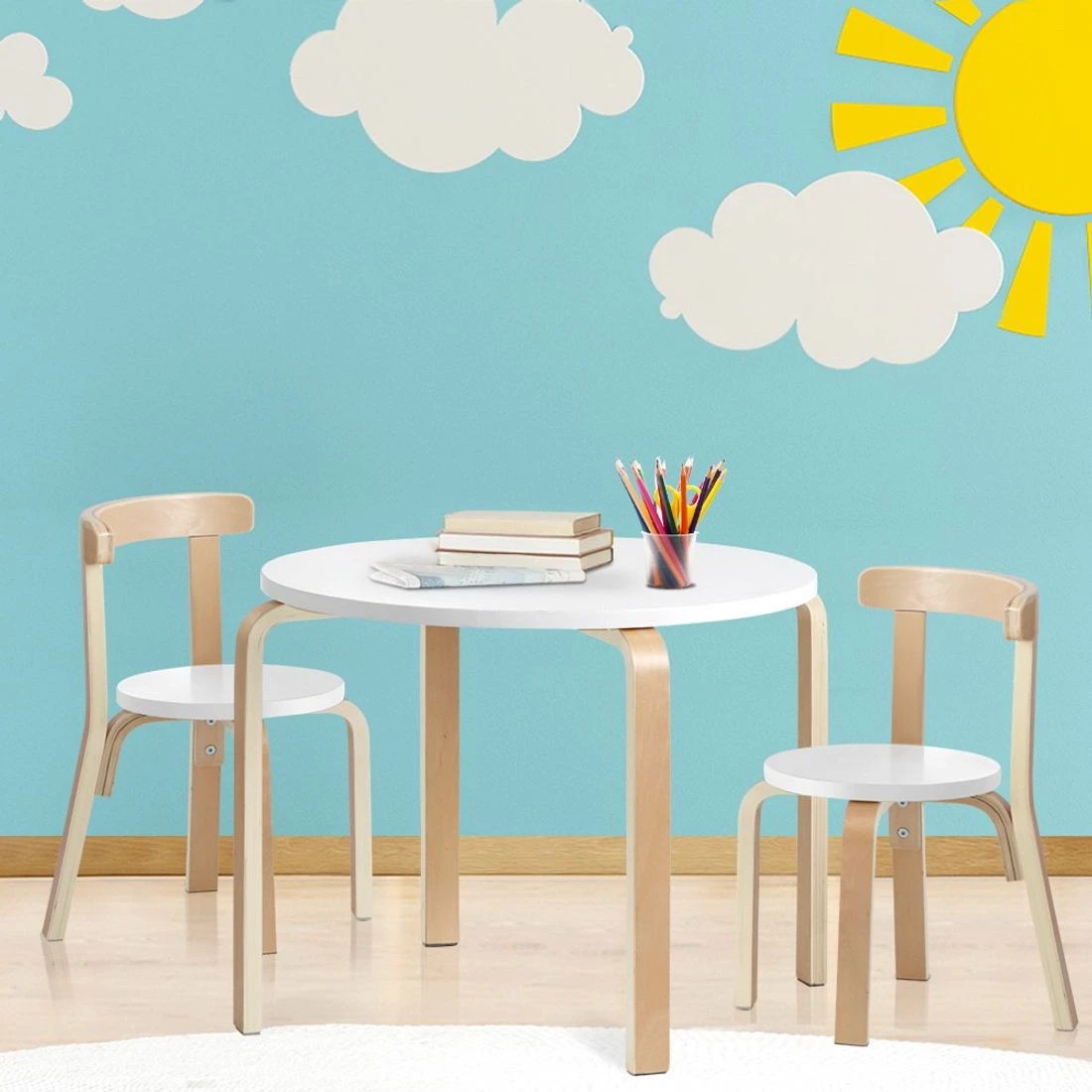 6 Keezi 3pcs Kids Table And Chairs Set Activity Toy Play Desk Sturdy Easy Clean Playroom Study Craft Dining Set - White, 6 of 6