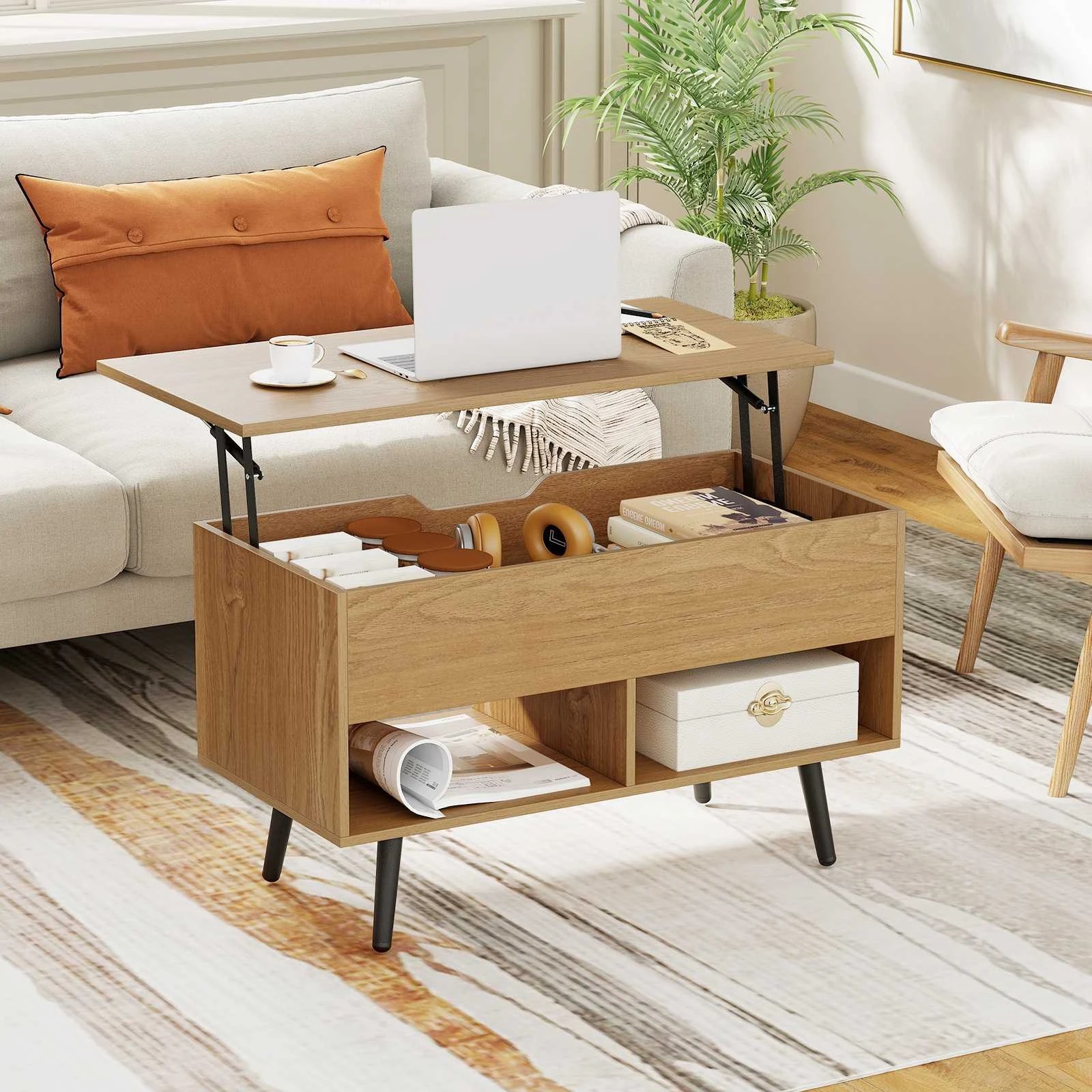 3 Costway 80cm Lift Top Coffee Table Modern Dining Table w/Hidden Storage Compartment - Natural, 3 of 5