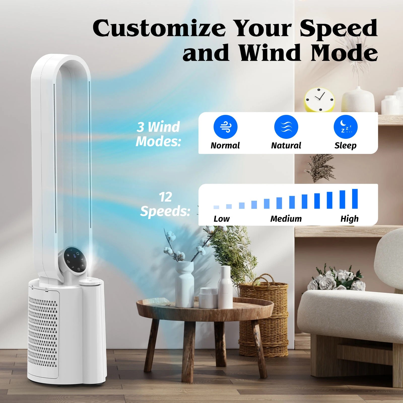 3 Advwin Bladeless Tower Fan with Humidifier, with 80°Oscillation, 8H Timer, 12-Speed, Auto Off, 3 of 7