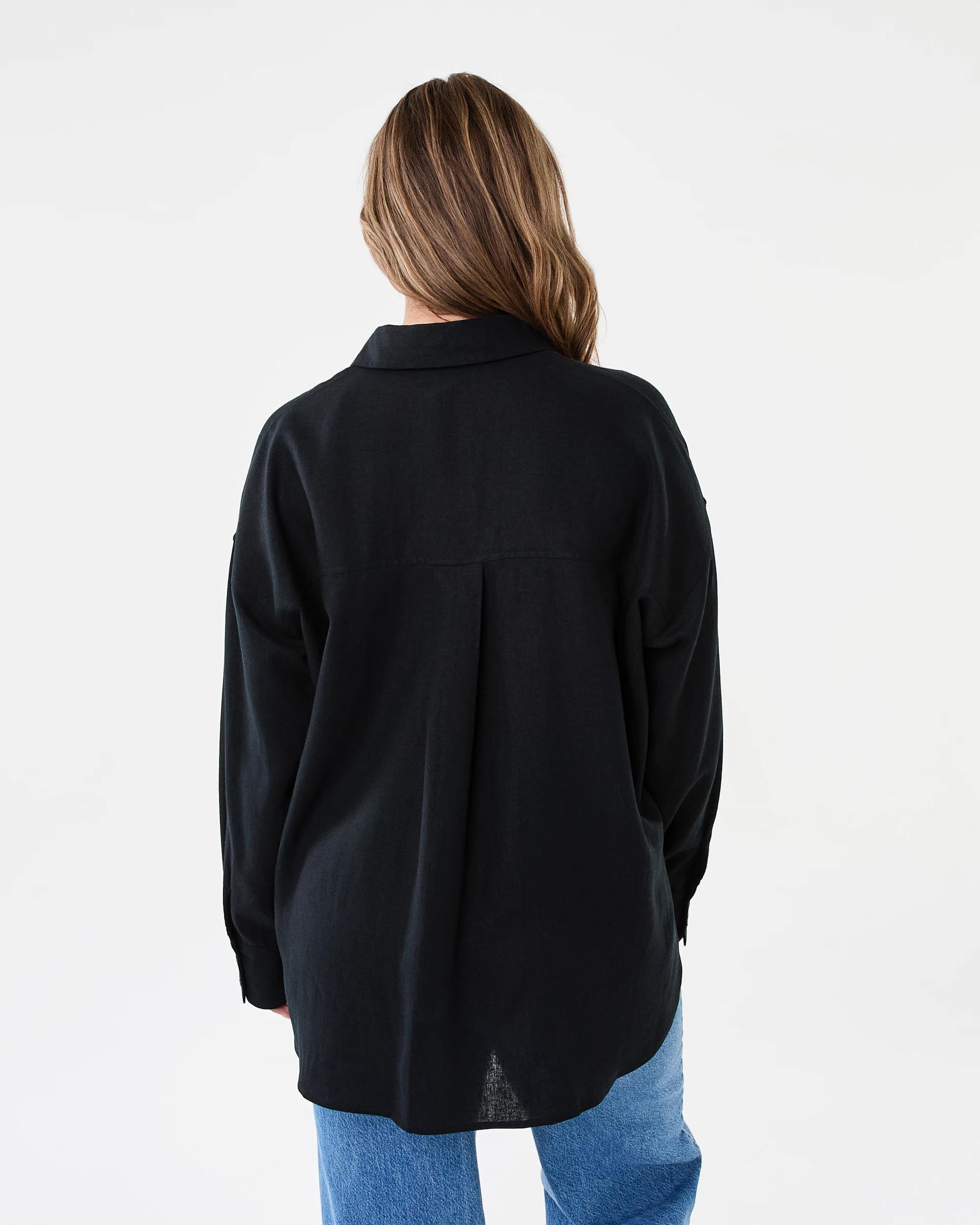 3 Long Sleeve Oversized Linen Blend Shirt Black, 3 of 8