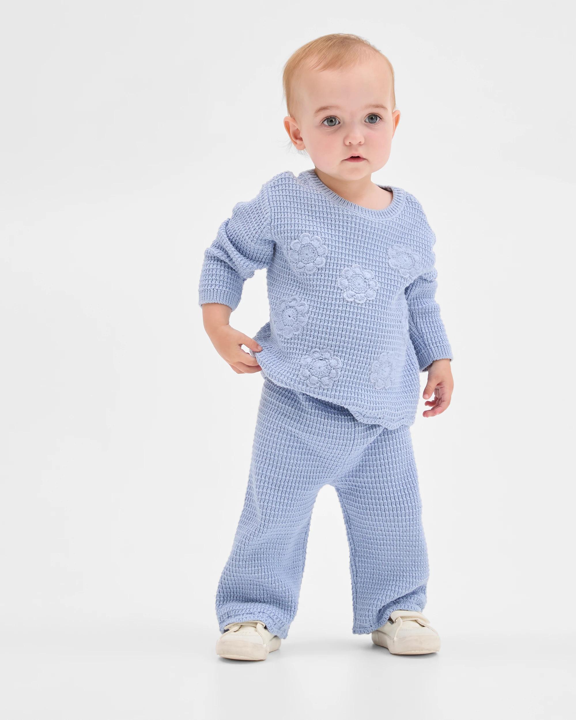 1 Target Baby Organic Cotton Knit Top & Pants 2 Piece Set FLOWERS BLUE, 1 of 5