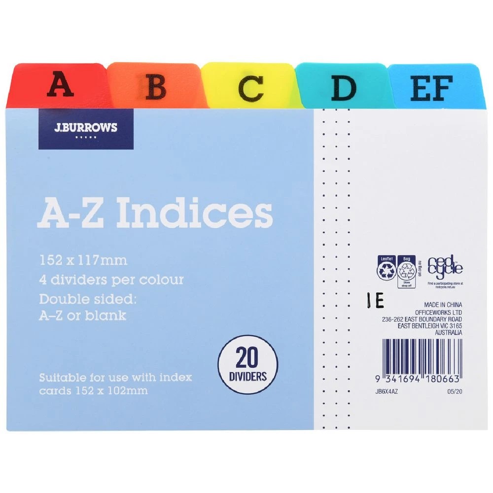 1 J.Burrows A-Z Index Card Dividers 152 x 102mm, 1 of 2