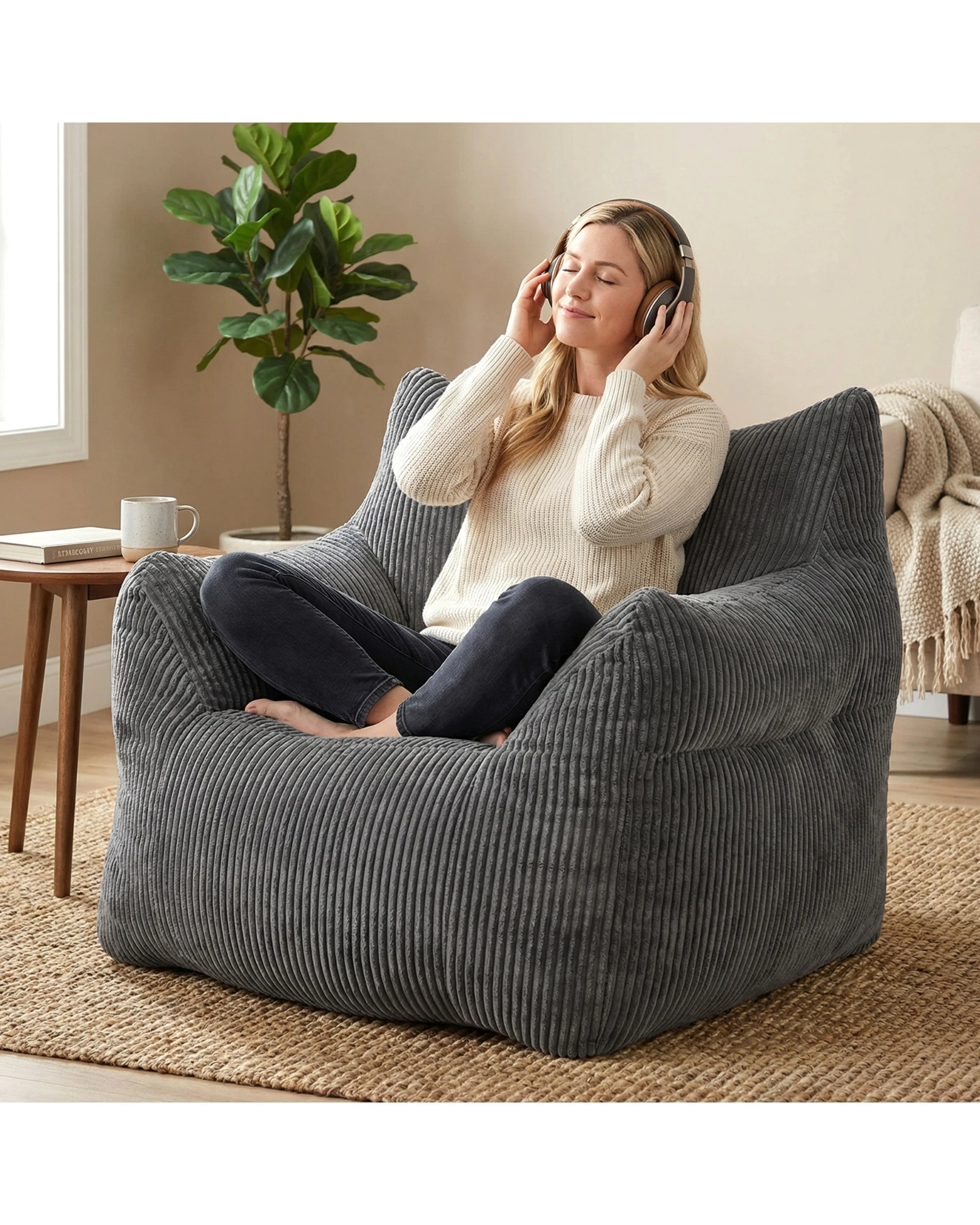 4 Advwin Bean Bag Chair Sofa w/ Armrest Handle Adults Teens Corduroy Lazy Floor Sofa, 4 of 8