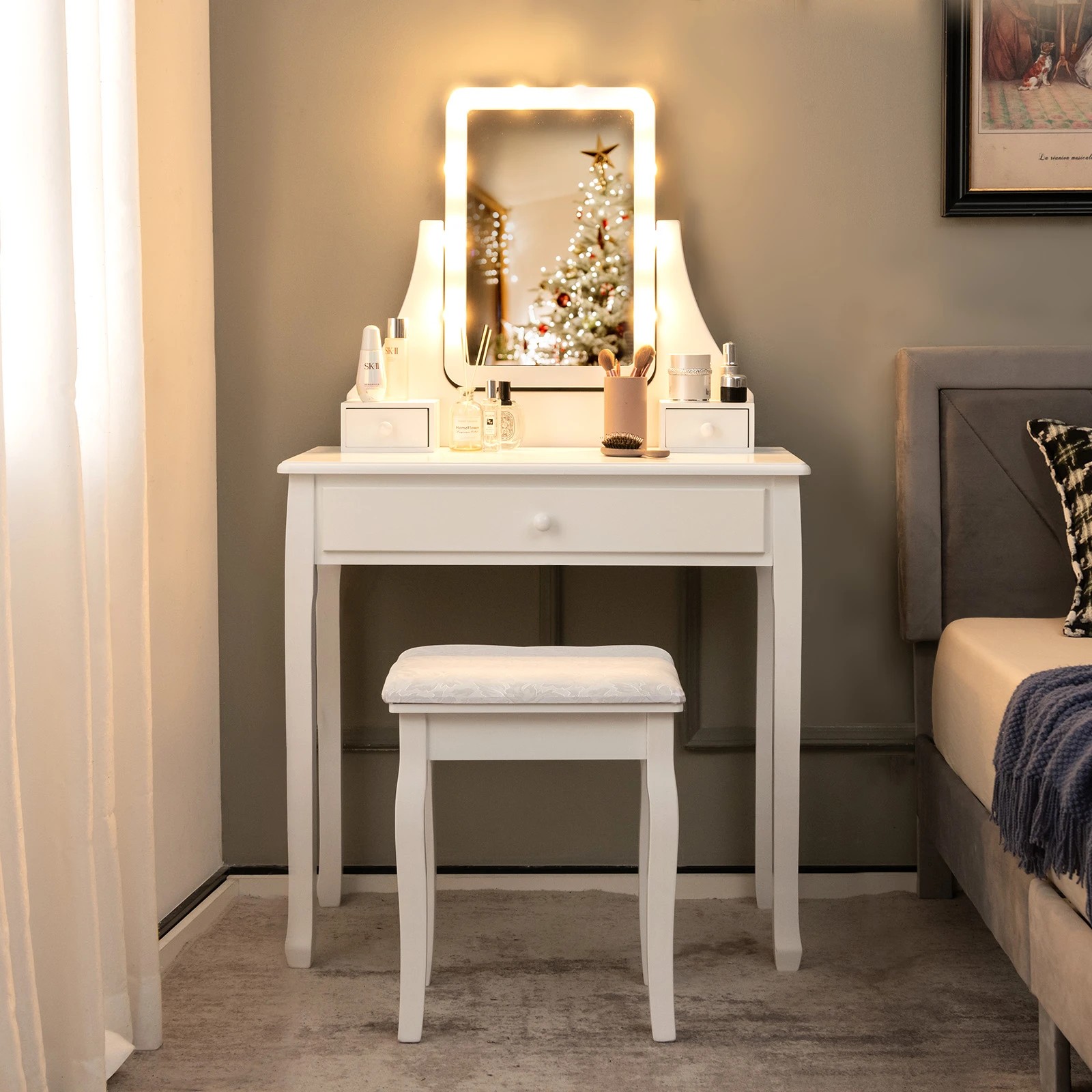 3 Costway Dressing Table Stool Set w/LEDs Rotatable Mirror, 3 of 10