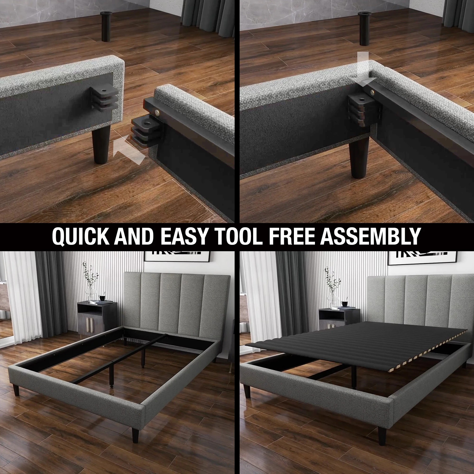 3 Ferraro Bed Frame - Effortless Tool-Free Design - Grey - Grey, 3 of 6