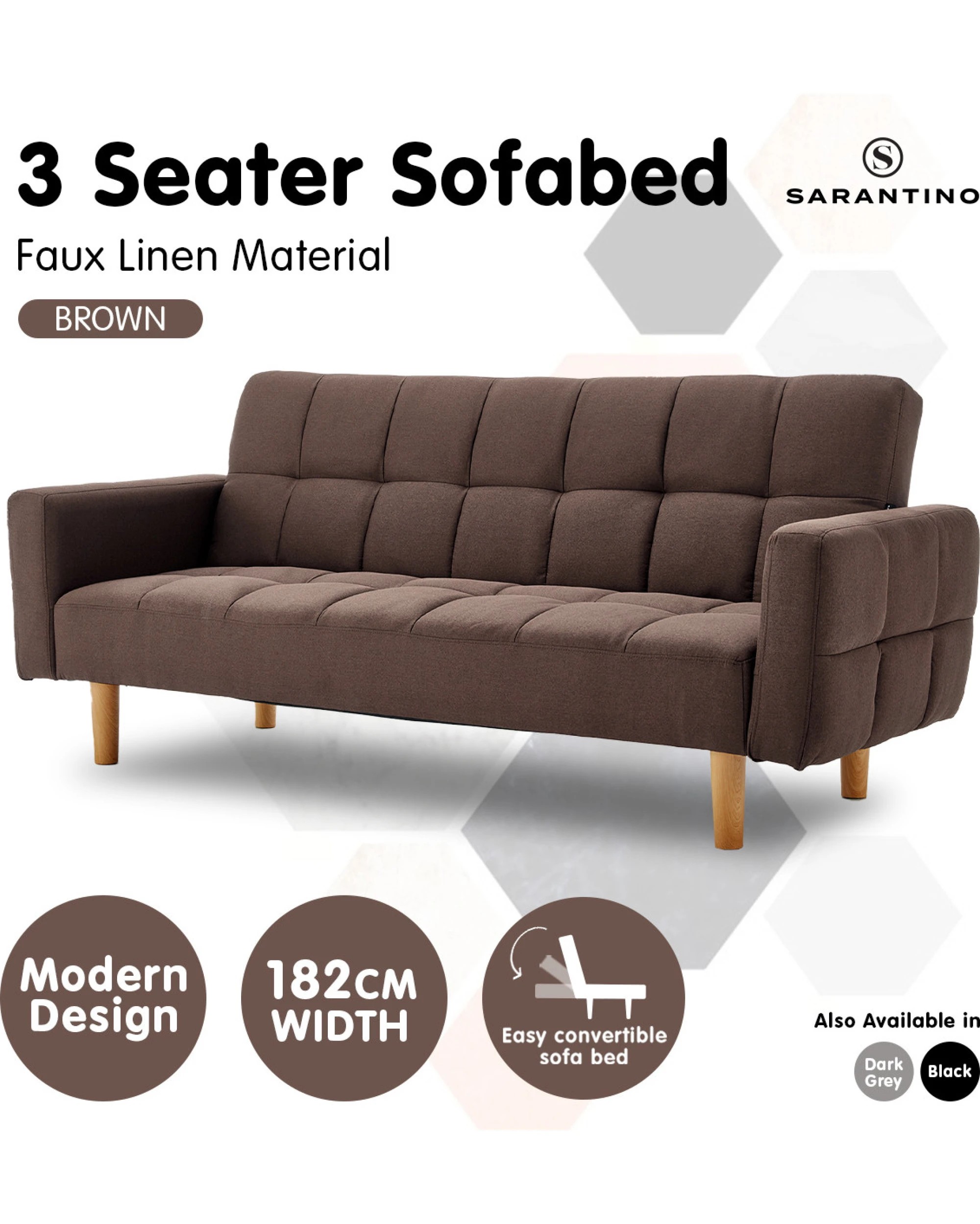 3 Sarantino 3-Seater Fabric Sofa Bed Futon - Brown, 3 of 10