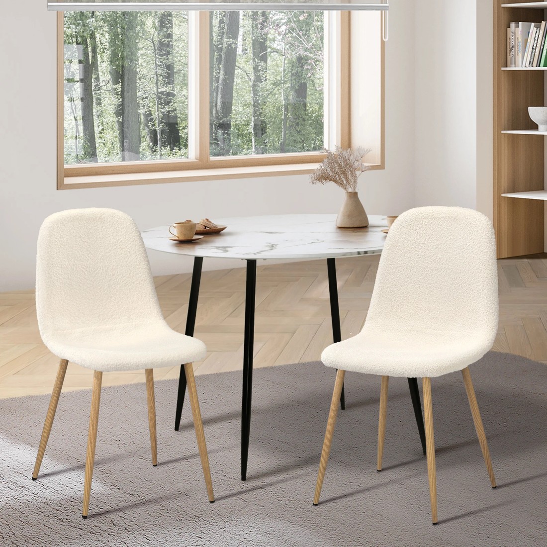 2 Oikiture 2x Sherpa Dining Chairs Kitchen Accent Chair Lounge Timber-look Legs
 - White, 2 of 10