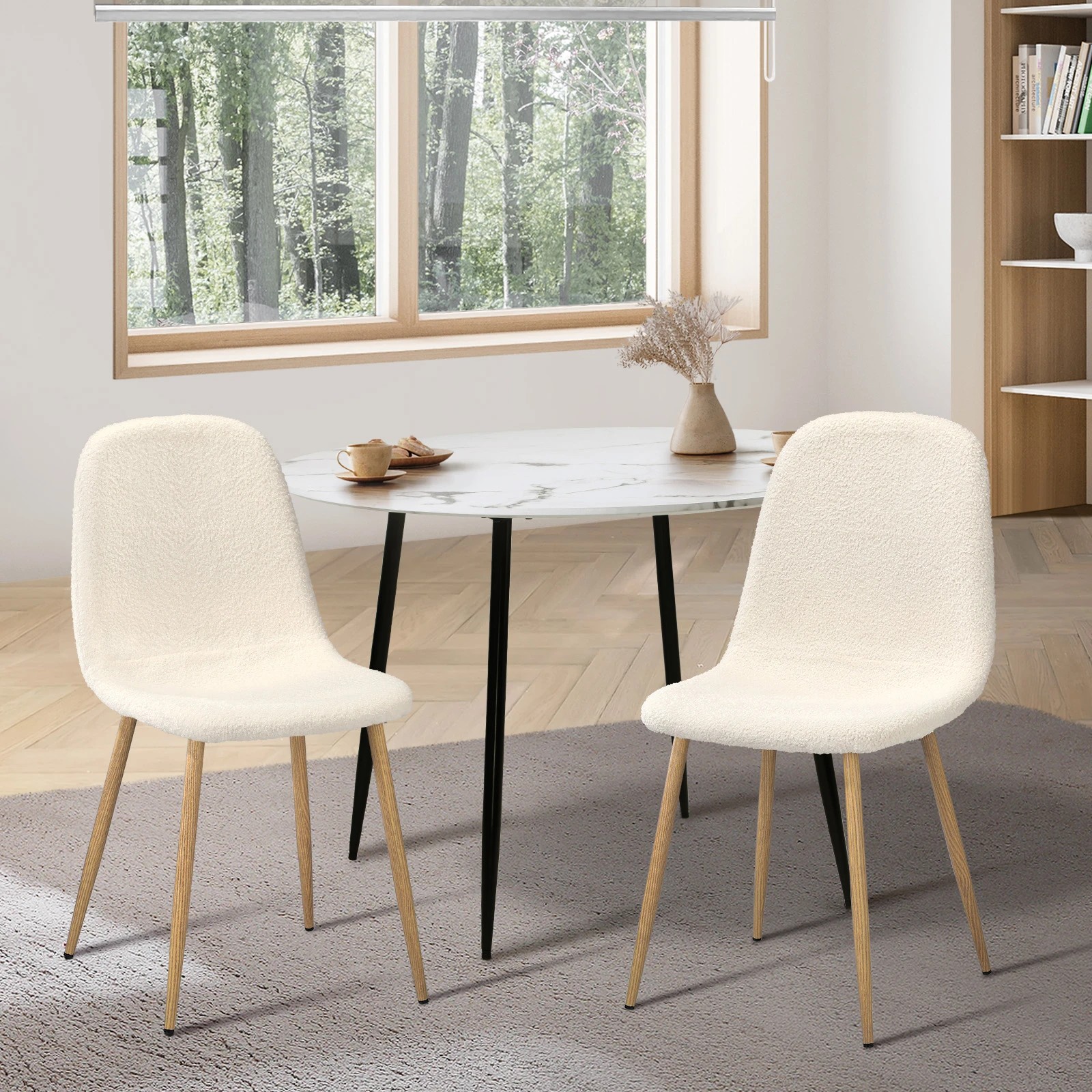 2 Oikiture 2x Sherpa Dining Chairs Kitchen Accent Chair Lounge Timber-look Legs
 - White, 2 of 10