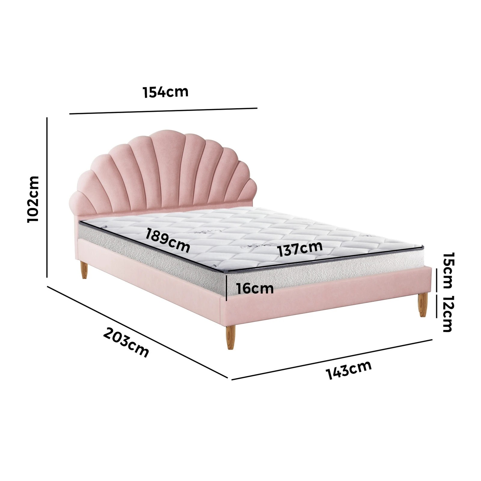2 Oikiture Bed Frame Double Size Scallop-Shape Bedhead Velvet with Mattress - Pink, 2 of 8