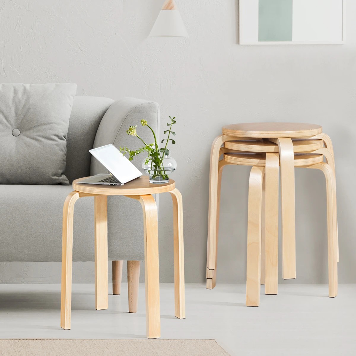 2 Costway 4PCS Wood Stacking Stool Round Dining Chair, 2 of 3