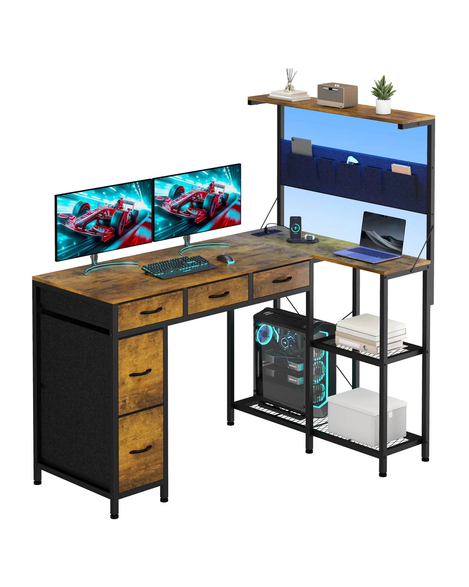 1 Advwin Gaming Desk with Power Outlets Reversible Corner Computer Desk with Storage Shelf Fabric Drawer and Bag - Brown, 1 of 7