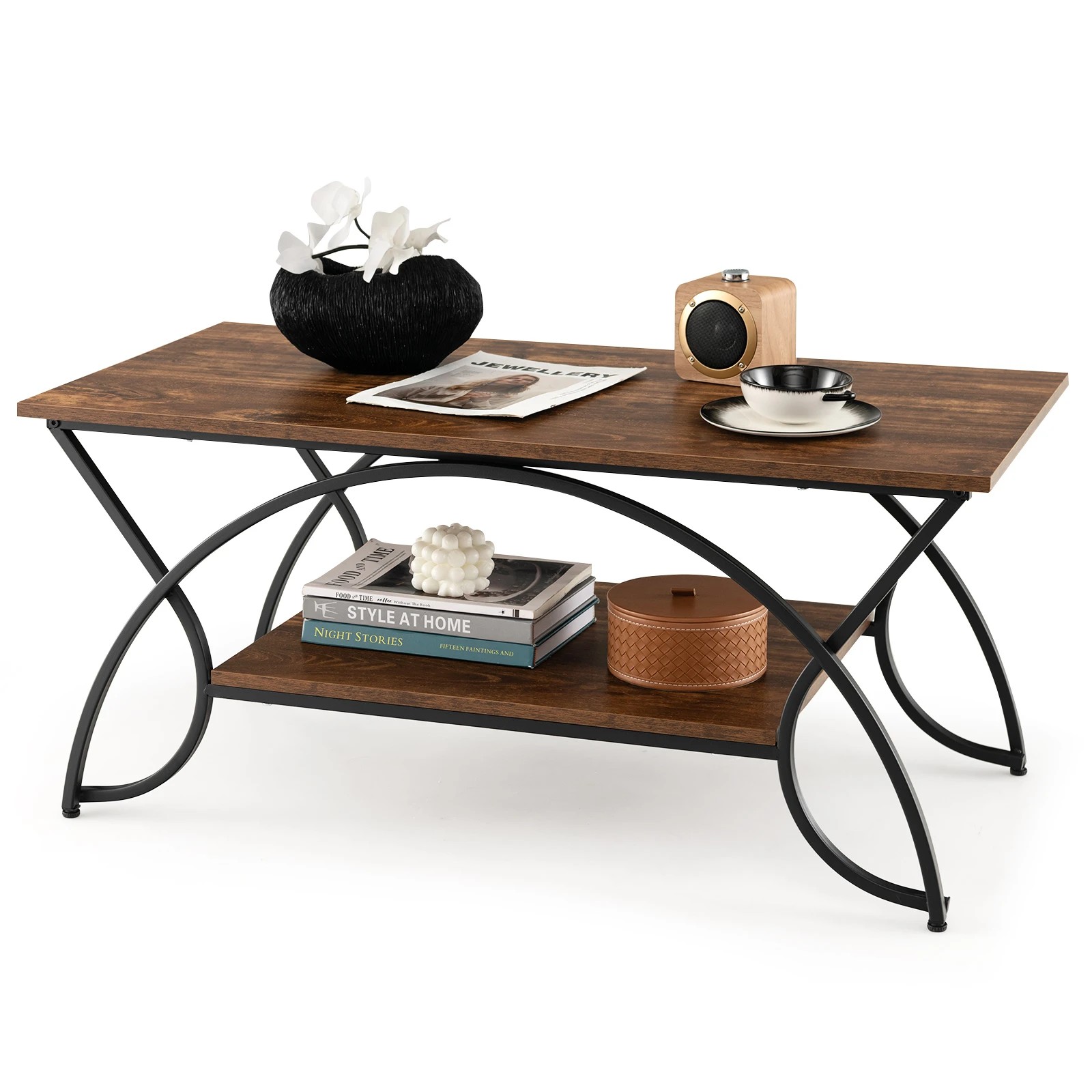 5 Costway 2-Tier Coffee Table Rectangular Cocktail Table w/Arched Metal Frame, 5 of 5