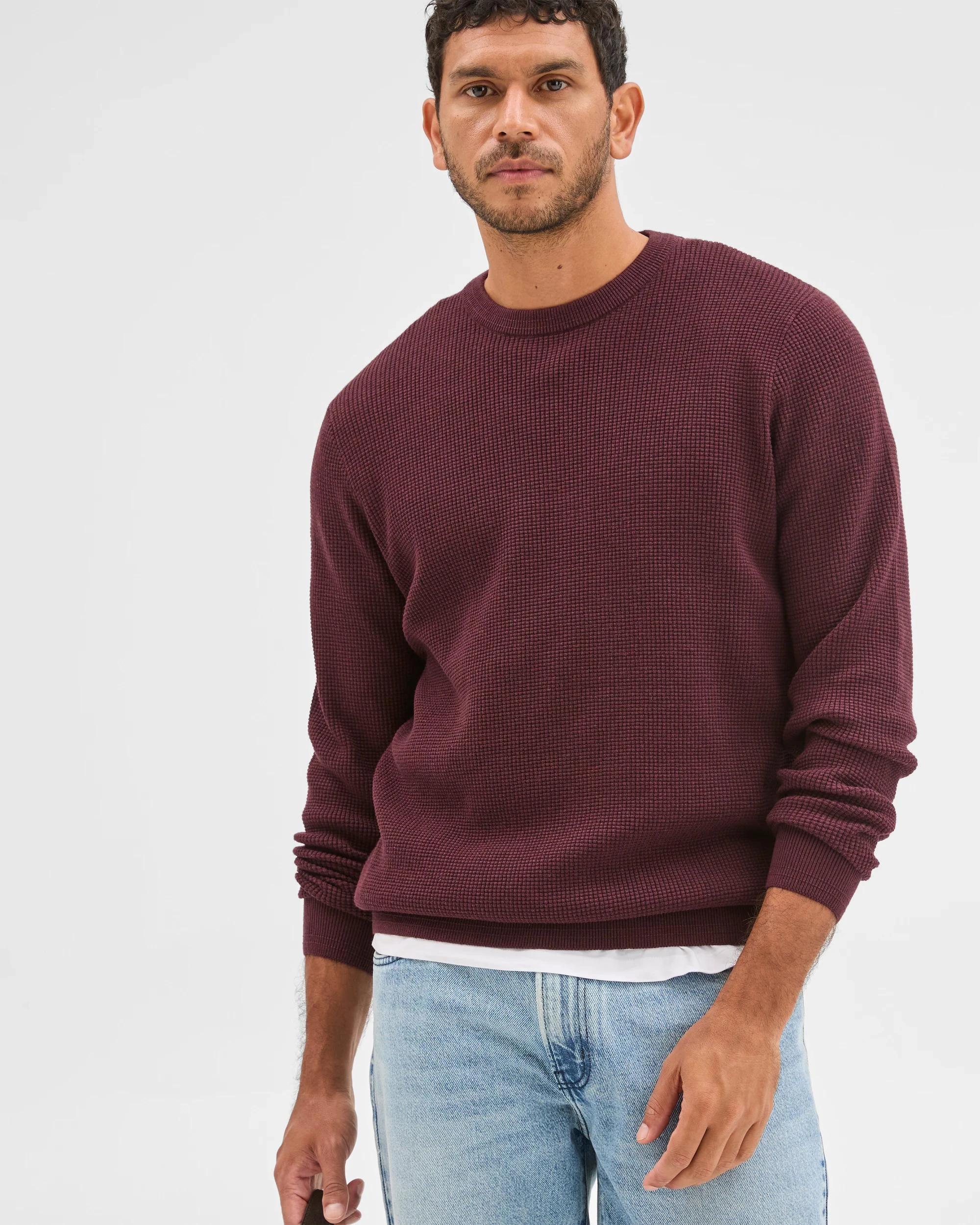 3 Target Man Australian Cotton Lightweight Waffle Knit Crew Neck Jumper OXBLOOD MARLE, 3 of 6