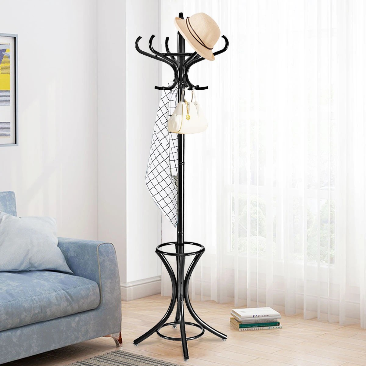 3 Costway 12 Hook Wood Coat & Hat Rack Clothes Stand Storage Tree Shelf - Black, 3 of 3