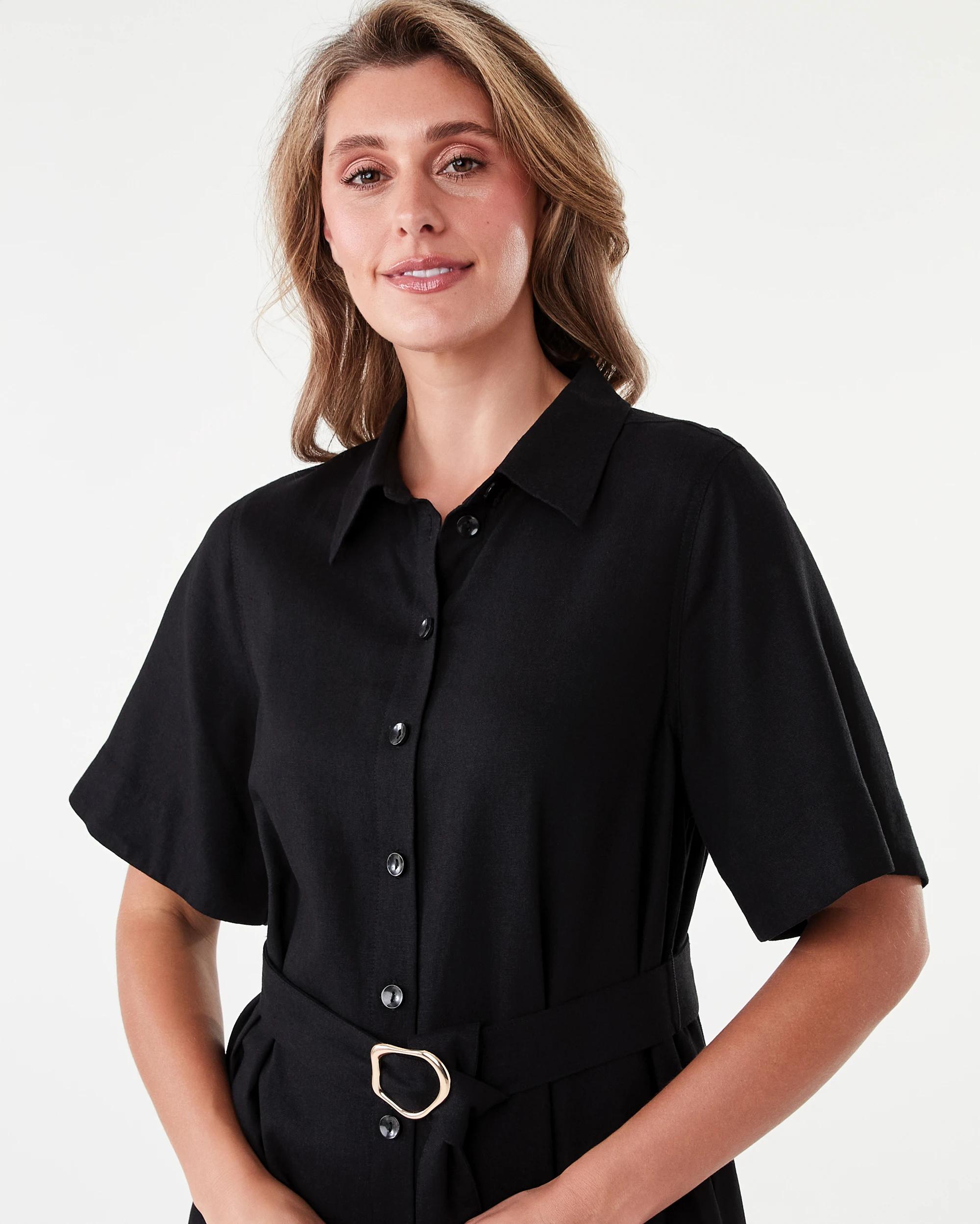 4 Short Sleeve Belted Midi Shirt Dress Black, 4 of 7