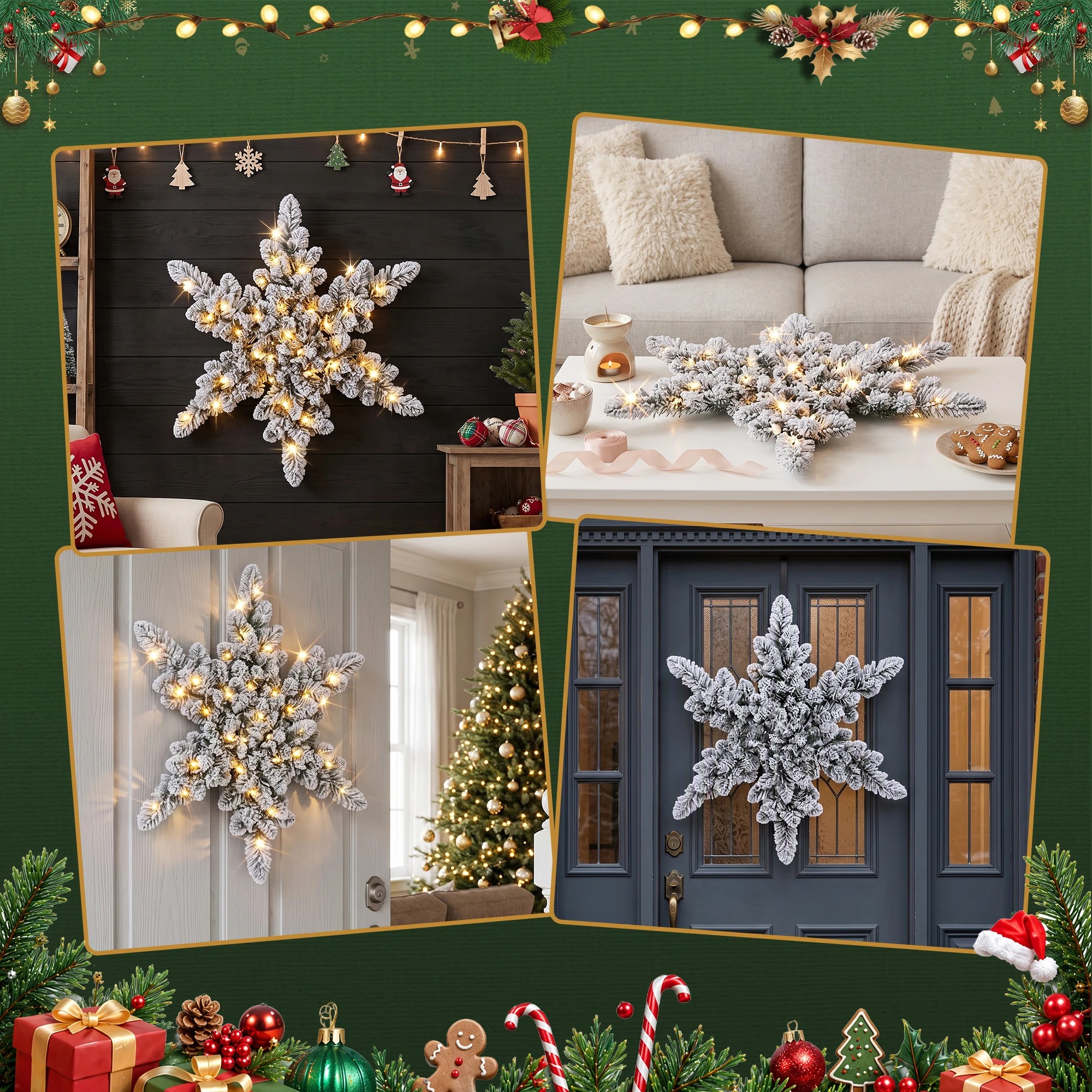 7 Jingle Jollys 60cm Flocked Snowflake Christmas Wreath Garland Pre-Lit 40 LED Light Decor - Green, 7 of 7