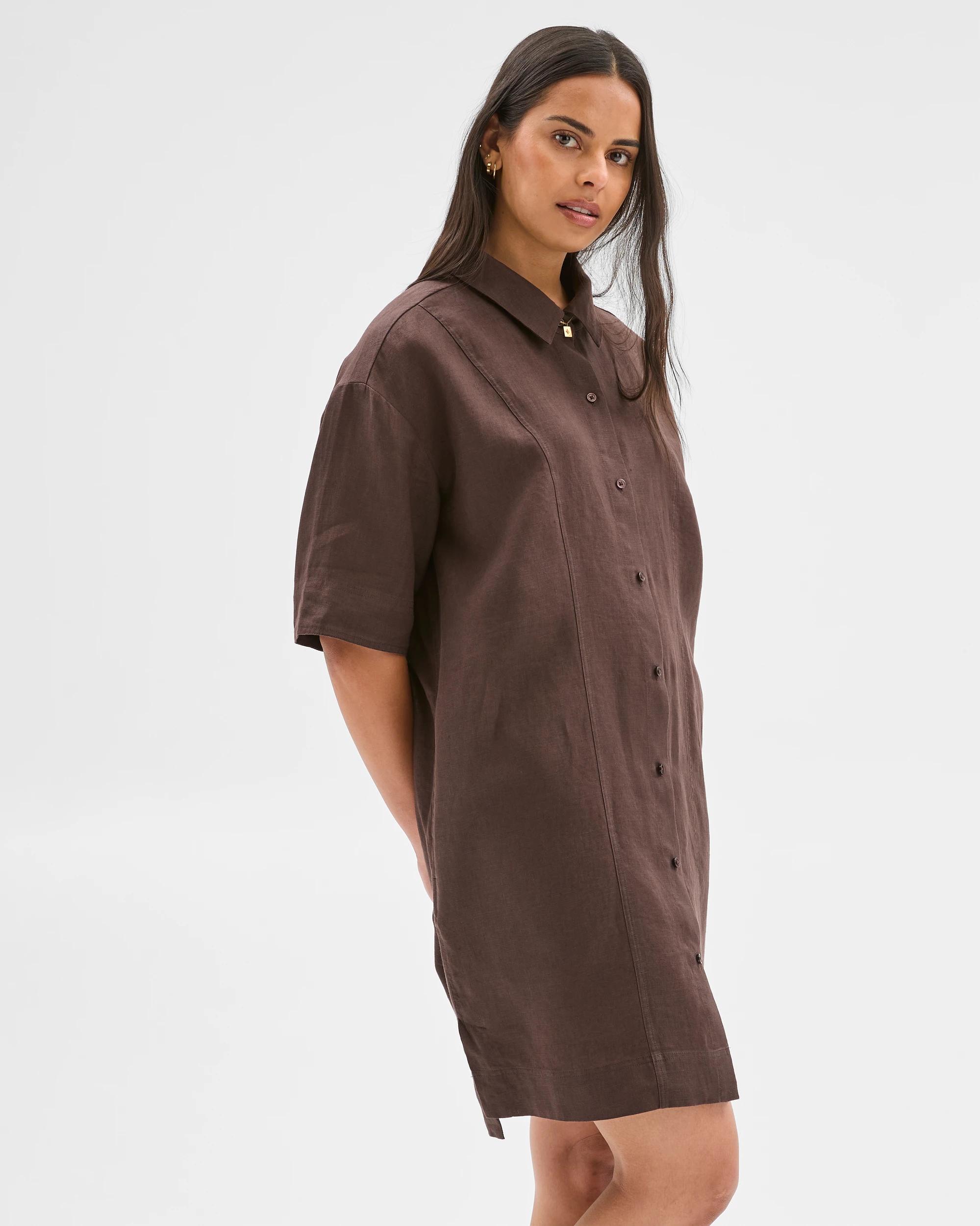 3 Target Woman European Linen Short Sleeve Shirt Mini Dress BRUNETTE, 3 of 6