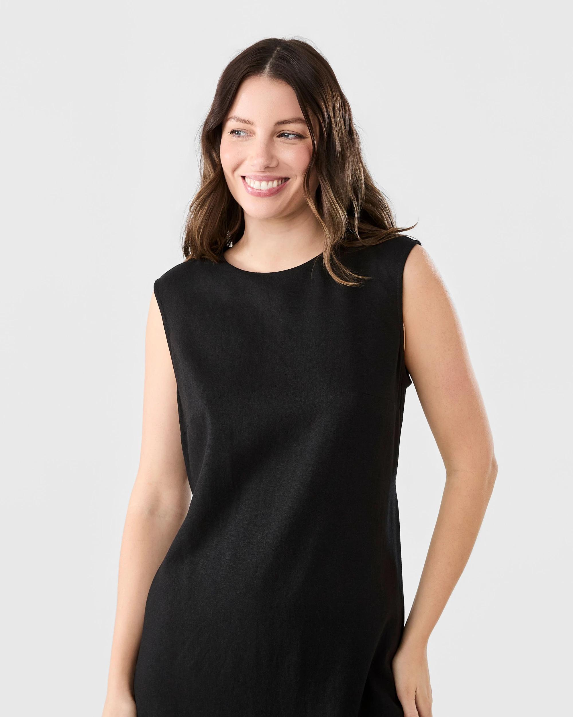 4 Sleeveless Linen Blend Crew Tie Back Midi Dress Black, 4 of 6