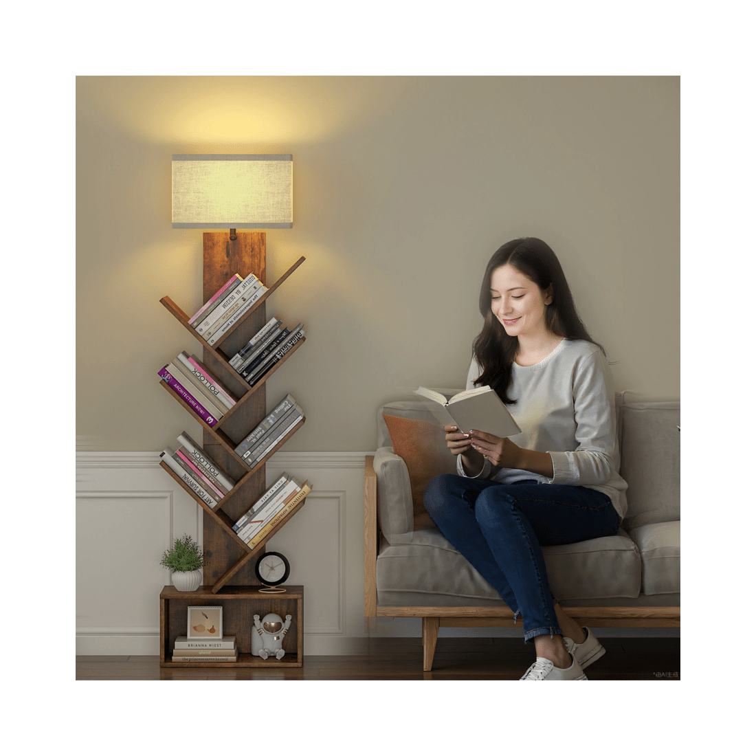 8 Advwin 6 Tier Tree Bookshelf w/ 3-Color Adjustable Light & Storage Cabinet Walnut, 8 of 10