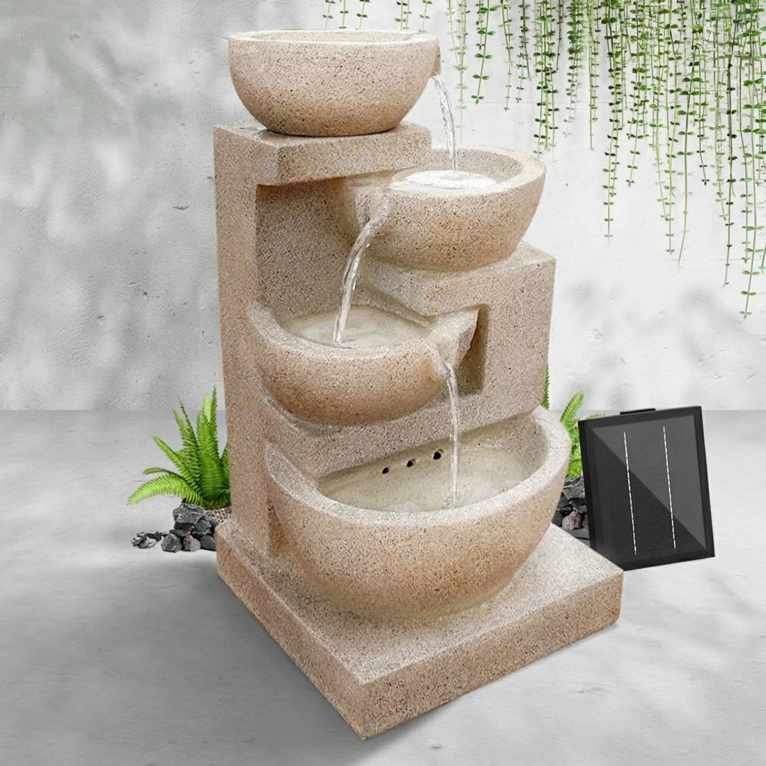 7 Gardeon Solar Water Feature Cascading Fountain 4-Tier Bowl LED Lights 72CM Sand - Beige, 7 of 8