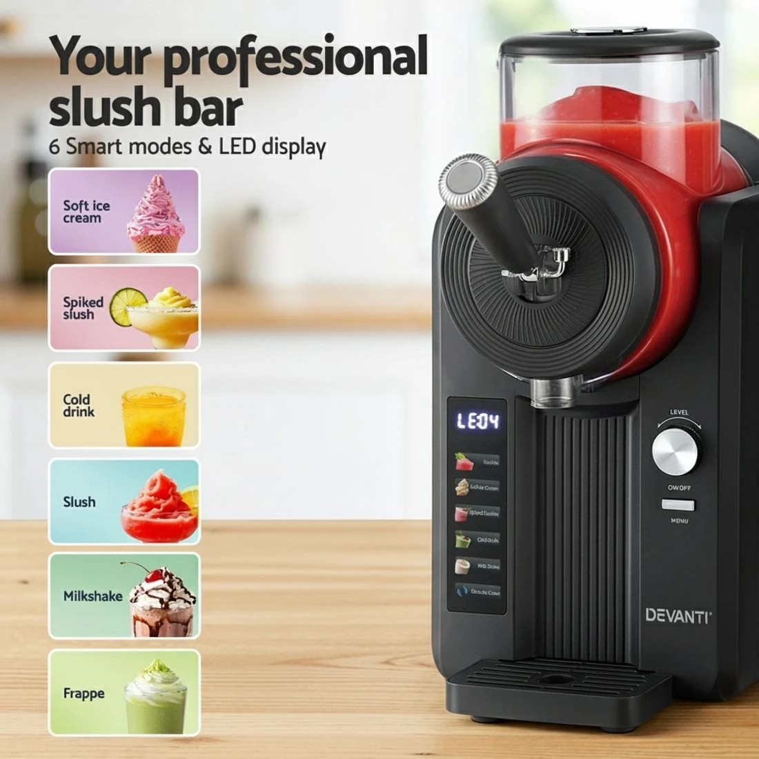 6 Devanti 6in1 Slushie Machine Ice Cream Maker 2L Frozen Smoothies Milkshakes - Black, 6 of 7