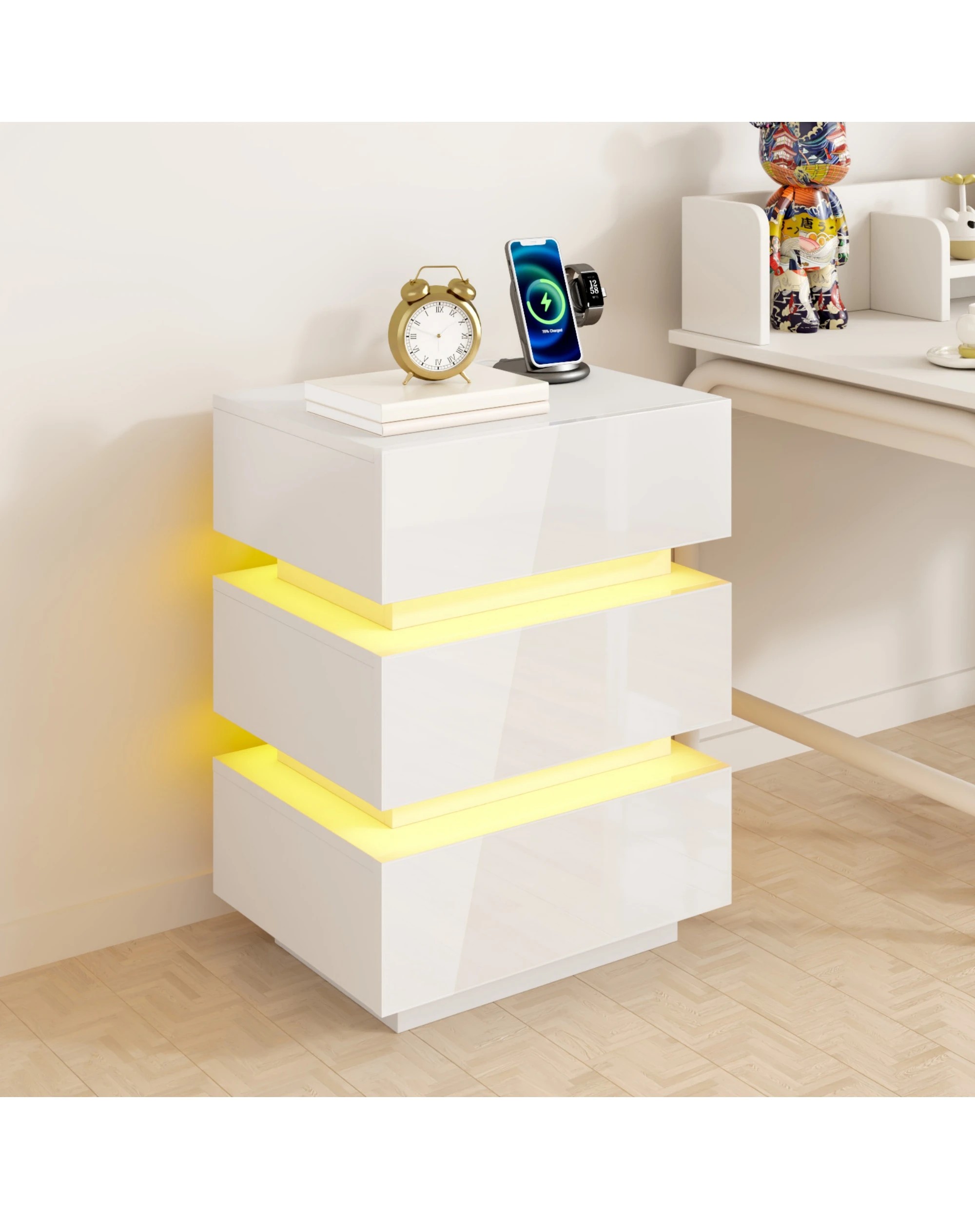 4 Advwin Bedside Table 3 Drawers With with Charging Station & LED Light - White, 4 of 7