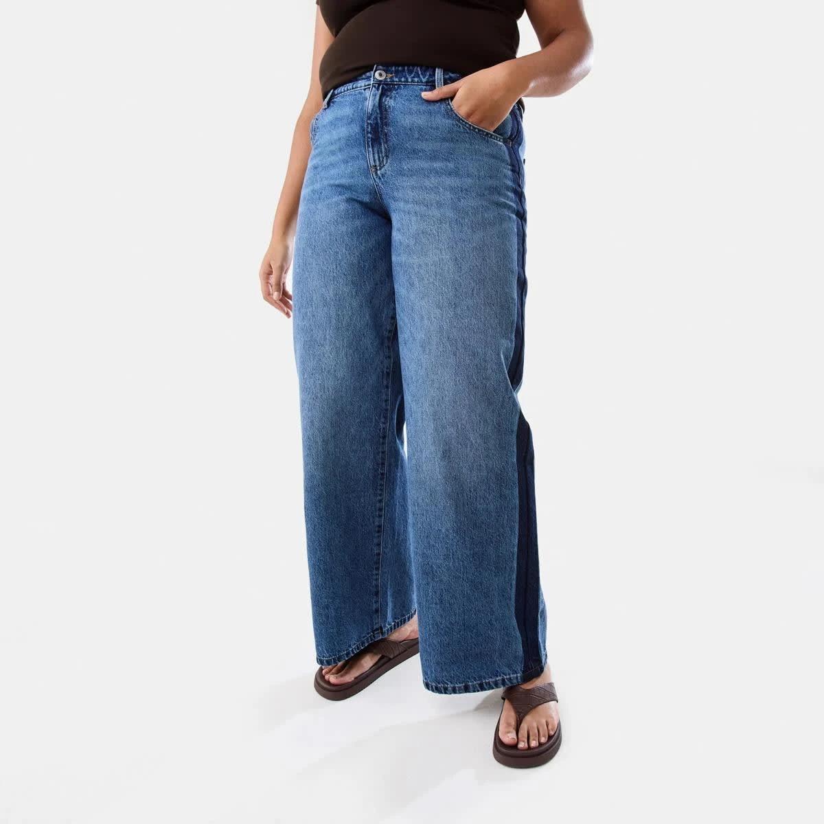 3 Side Stripe Wide Leg Jeans MID WASH, 3 of 10