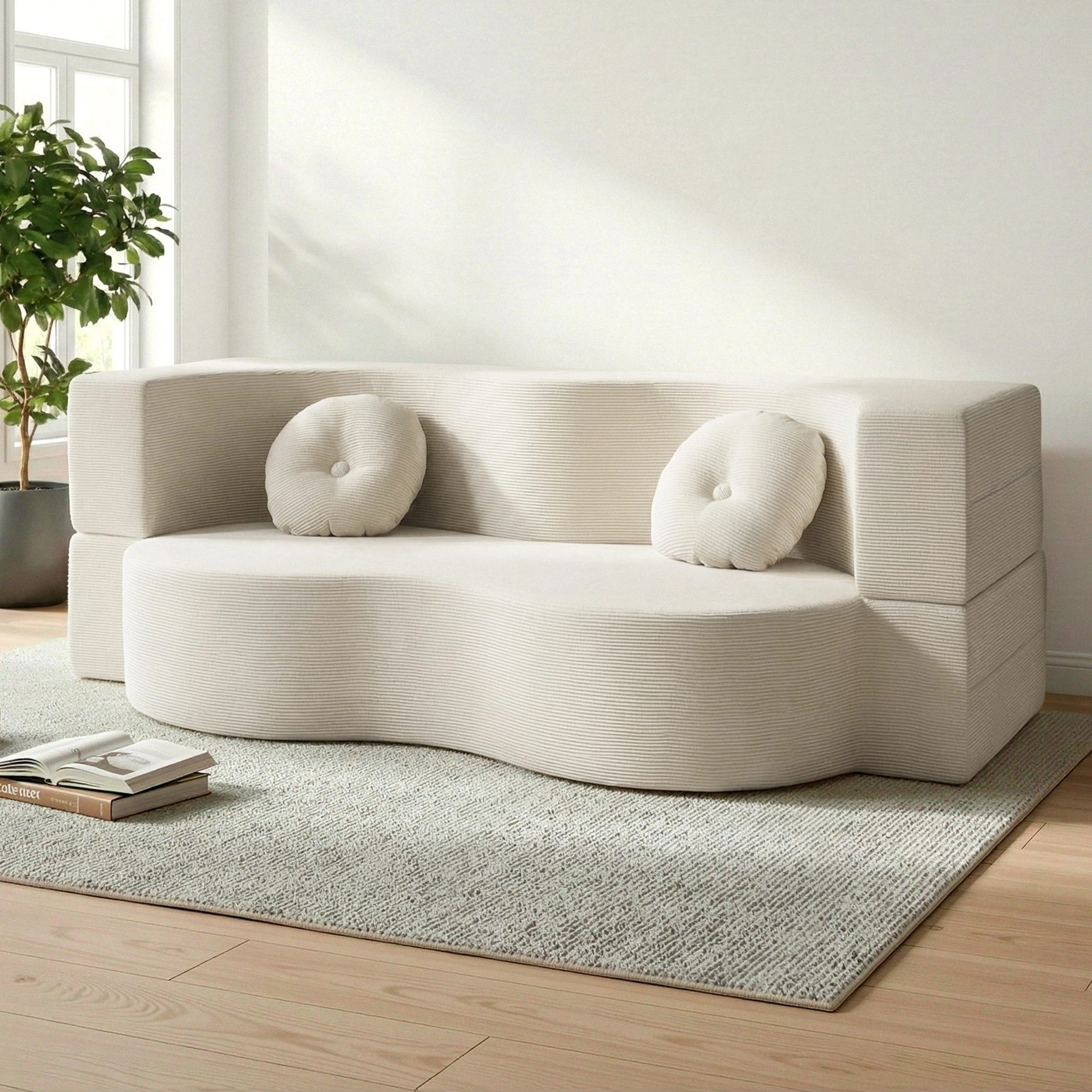 1 Artiss Folding Sofa Bed Floor Couch 2-in-1 Convertible Futon Loveseat - Beige, 1 of 9