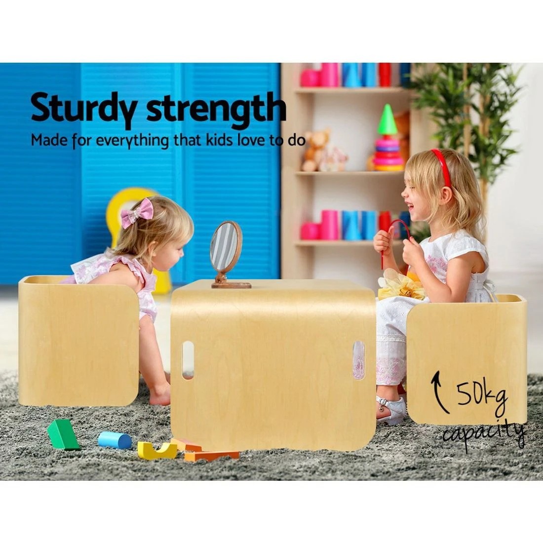 6 Keezi 3pcs Kids Table and Chairs Set Multifunctional Storage Desk Organizer Easy Clean Playroom Study Craft
 - brown, 6 of 8