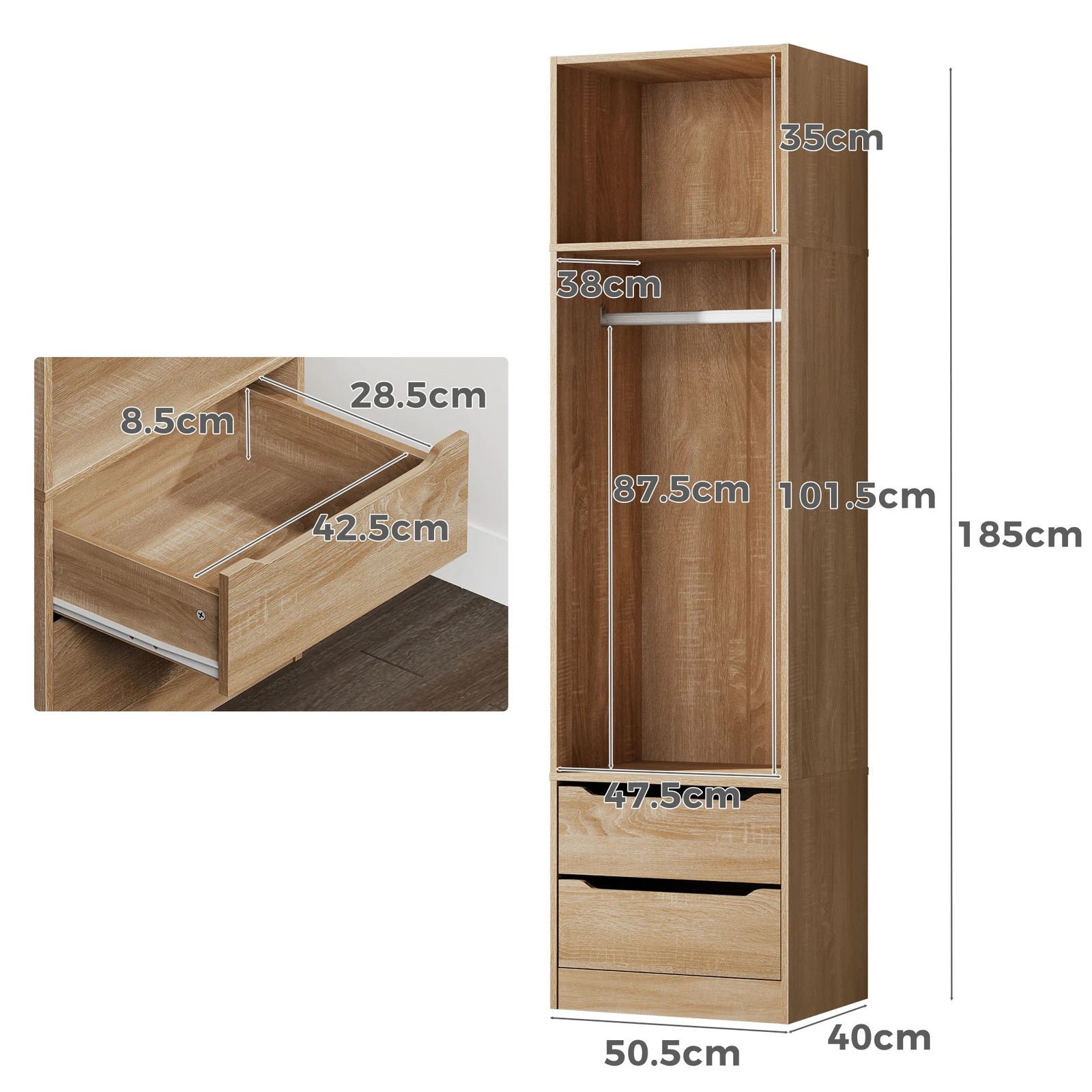 4 Alfordson Wardrobe 2 Drawers Clothes Storage Cabinet Hanging Rod - Oak, 4 of 10