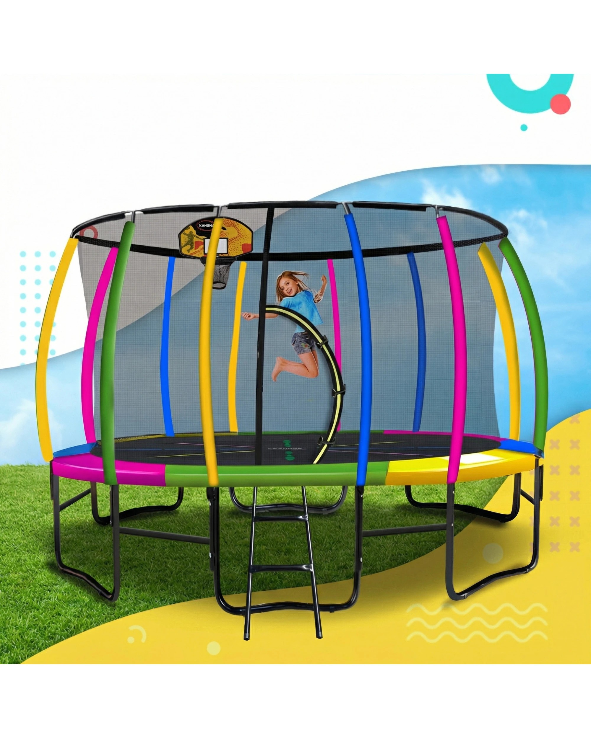 6 Kahuna Trampoline 14 ft with Basketball Set - Pattern, 6 of 8