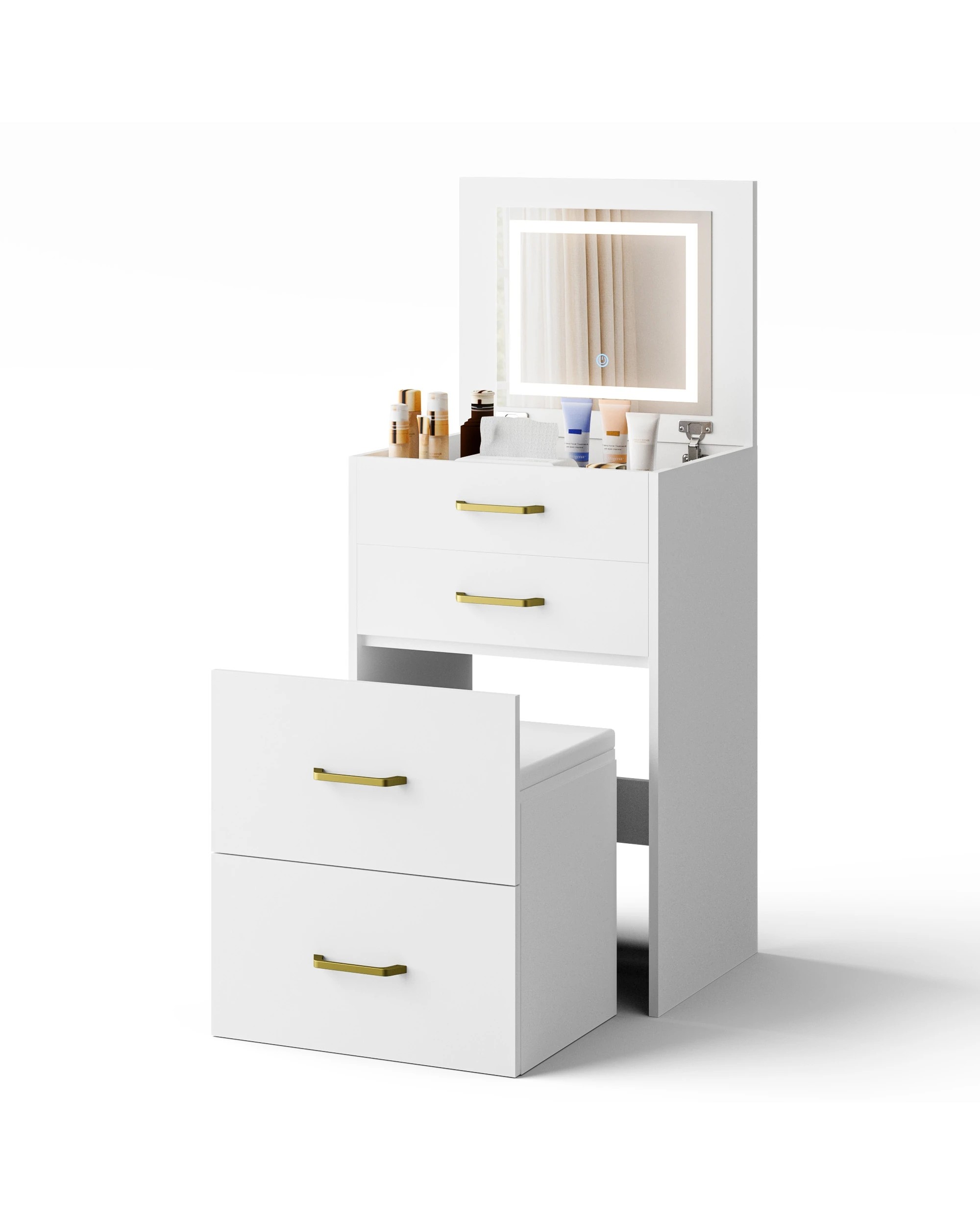 1 Advwin Dressing Table Stool Set with Flip-up Mirror - White, 1 of 10