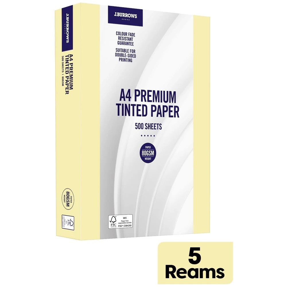 2 J.Burrows Premium A4 Tinted Paper Ream Yellow 5 Pack, 2 of 2