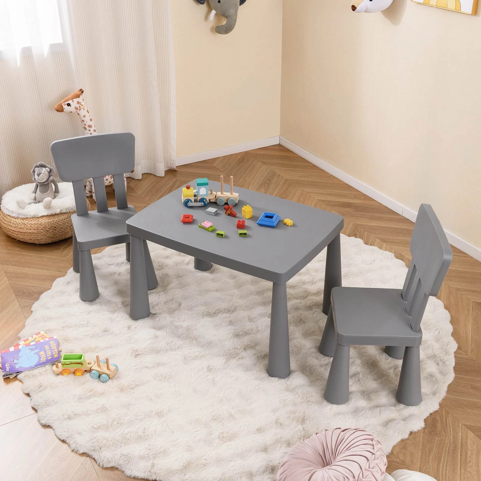 2 Costway Table & Chairs Set Study Drawing Desk Activity Furniture - Grey, 2 of 2