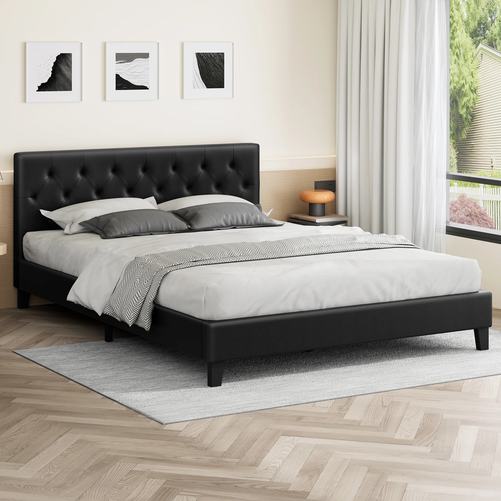 2 Alfordson Bed Frame Double Size Wooden Base Platform Leather Madelyn - Black, 2 of 10