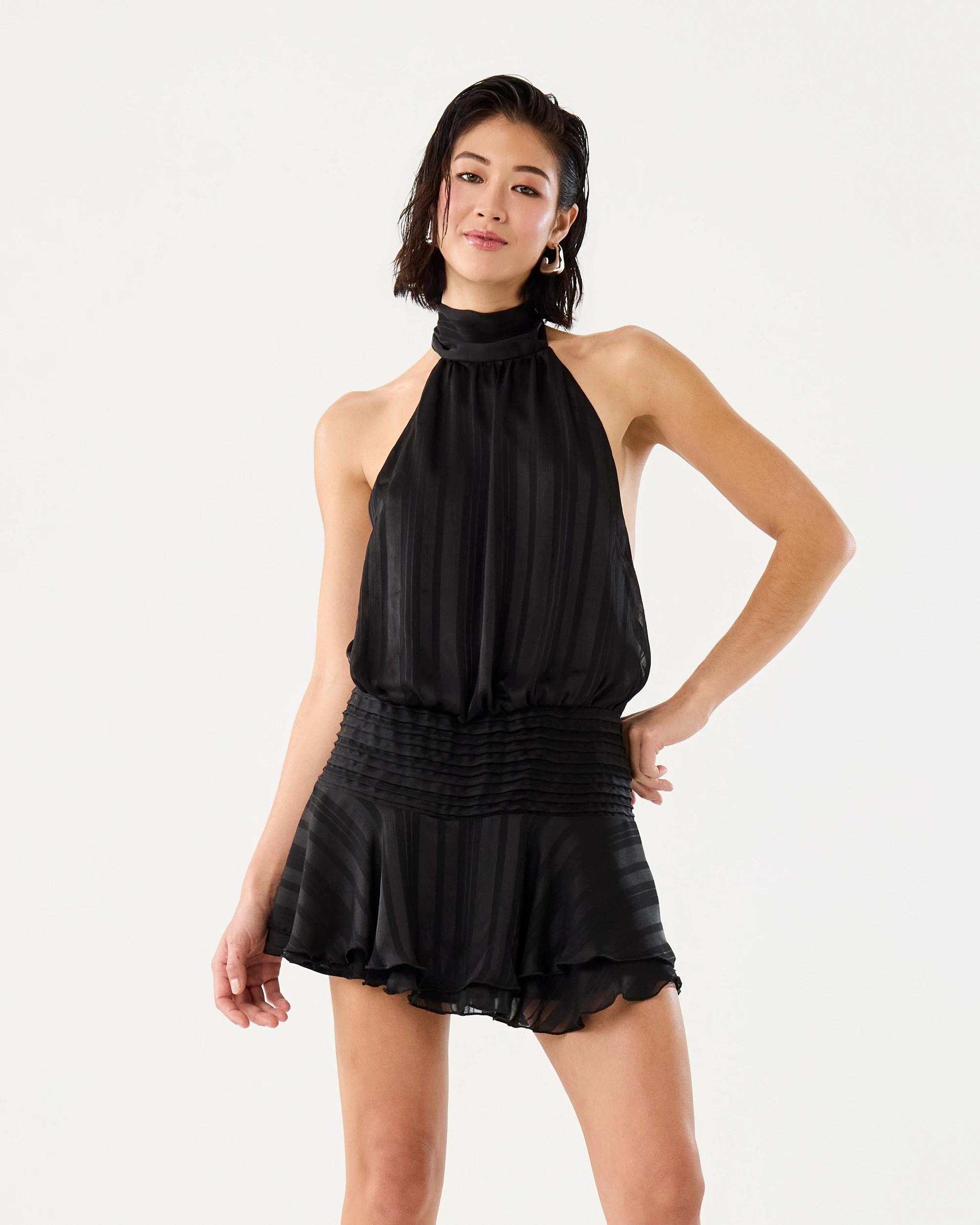 1 Sleeveless Flutter Mini Dress Black, 1 of 9