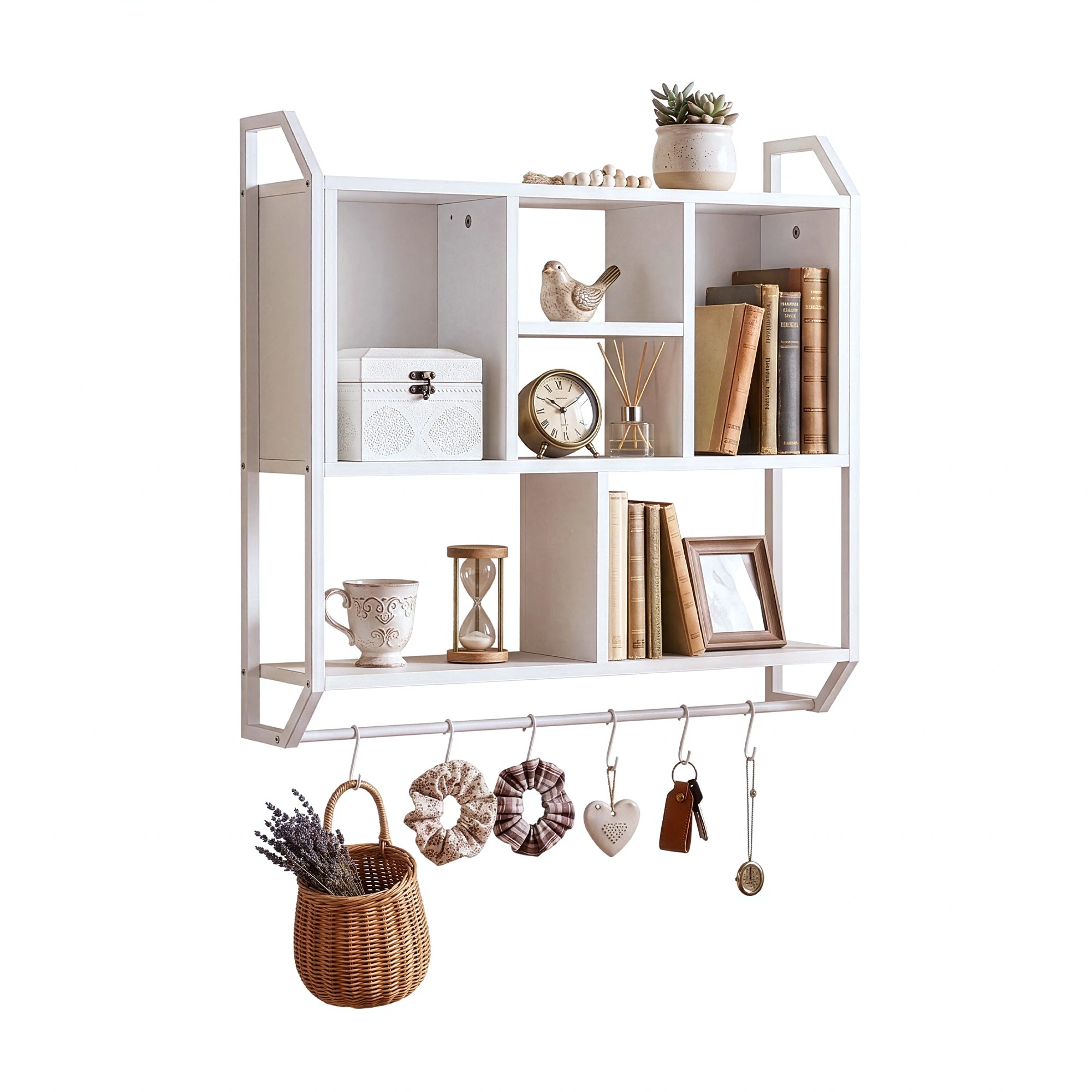 1 Artiss Floating Wall Shelf 6 Hooks Wall Mounted Storage Cubby Rack 73.5x74CM - White, 1 of 8