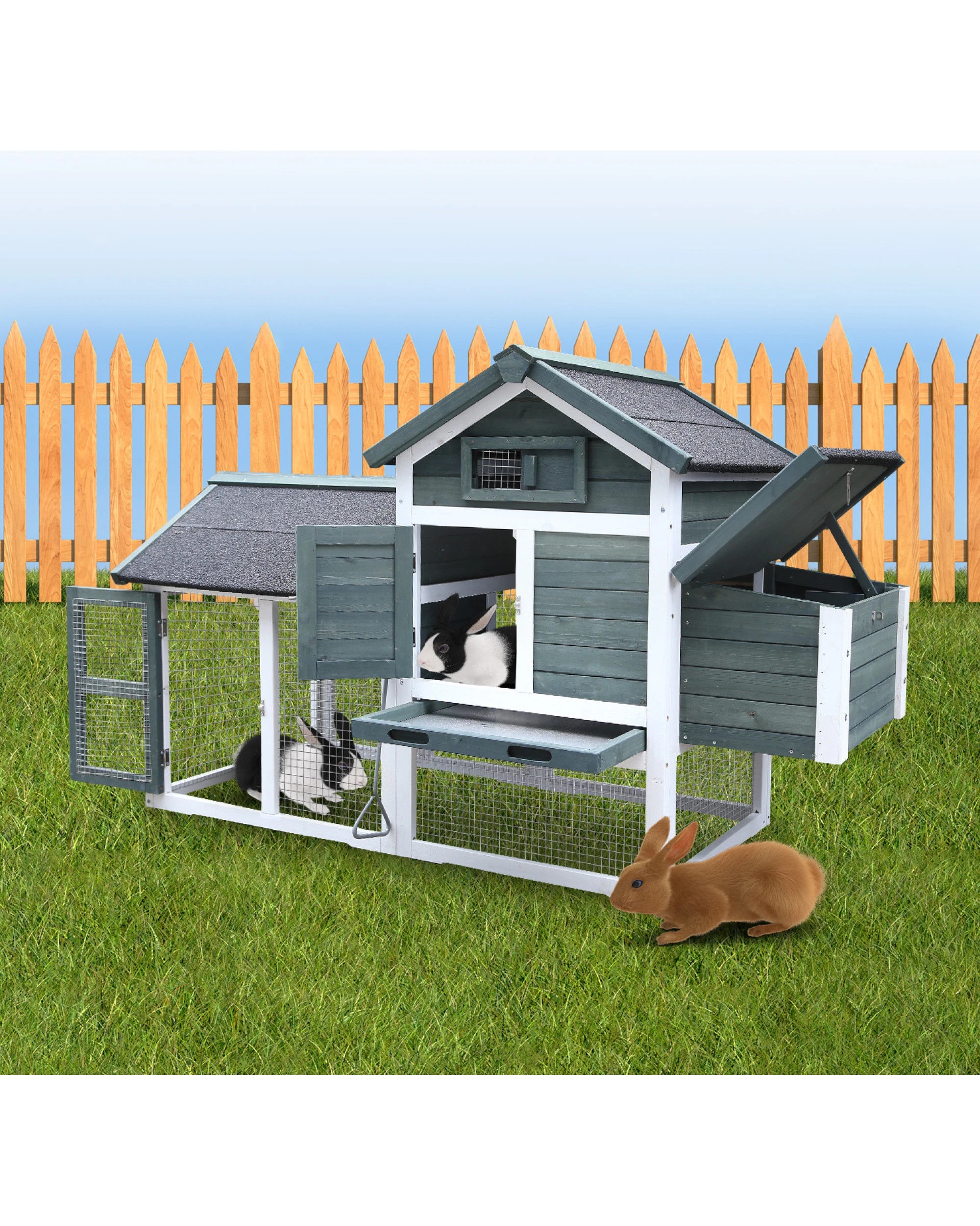 2 Furtastic Large Chicken Coop and Rabbit Hutch With Ramp - Green, 2 of 9