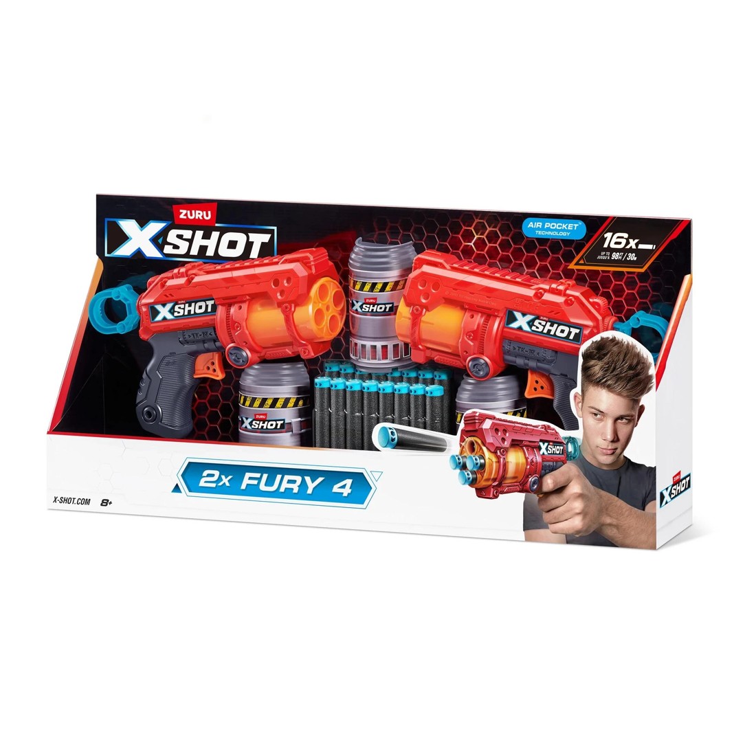 3 XSHOT Excel Double Fury 4 Blaster Combo Pack (16 Darts, 3 Cans) by ZURU - Red, 3 of 8