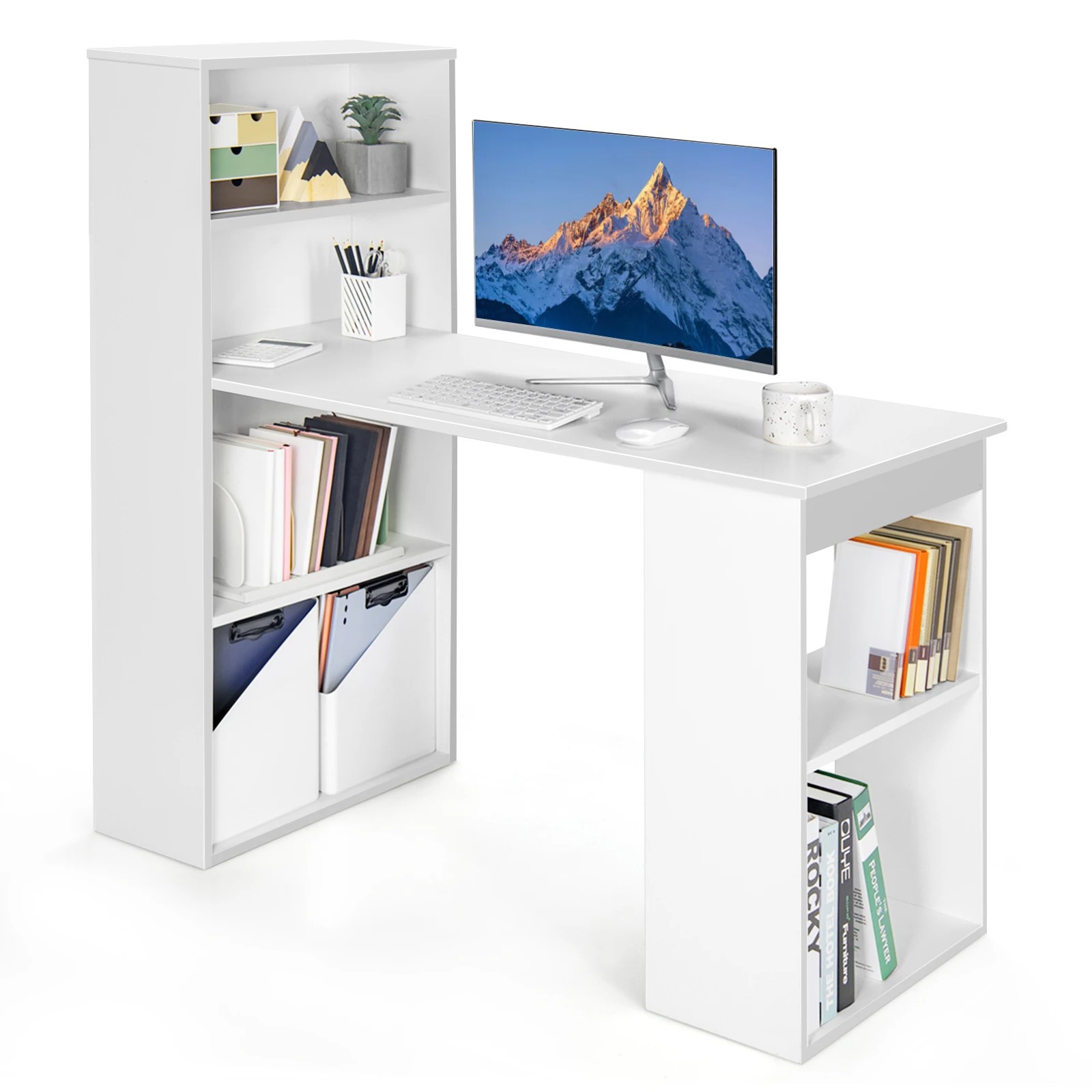 5 Costway 3-in-1 Computer Desk with Bookshelf Reversible Writing Work Table - White, 5 of 5