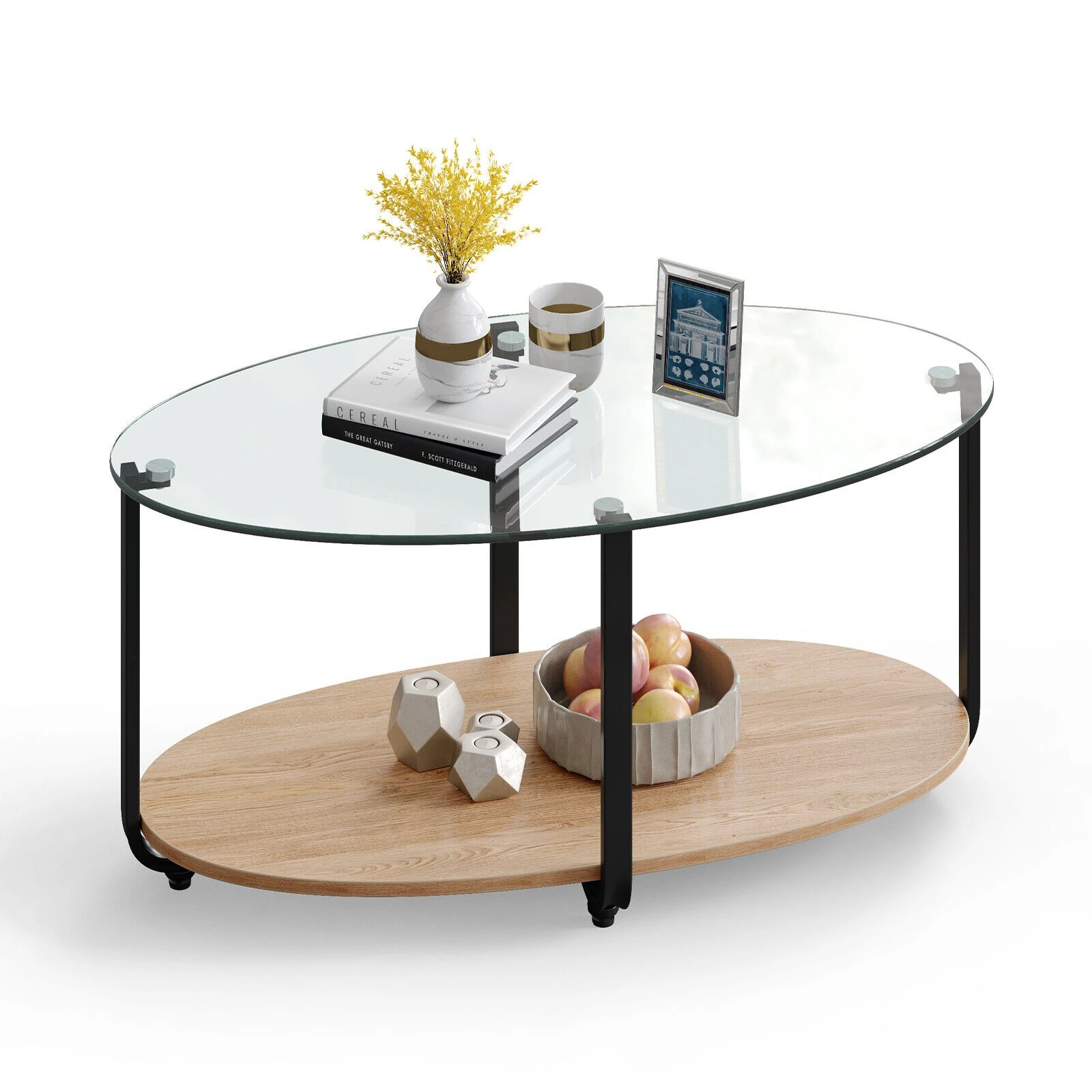5 Costway 2-Tier Oval Coffee Side Table Glass Tabletop Home Office, 5 of 5