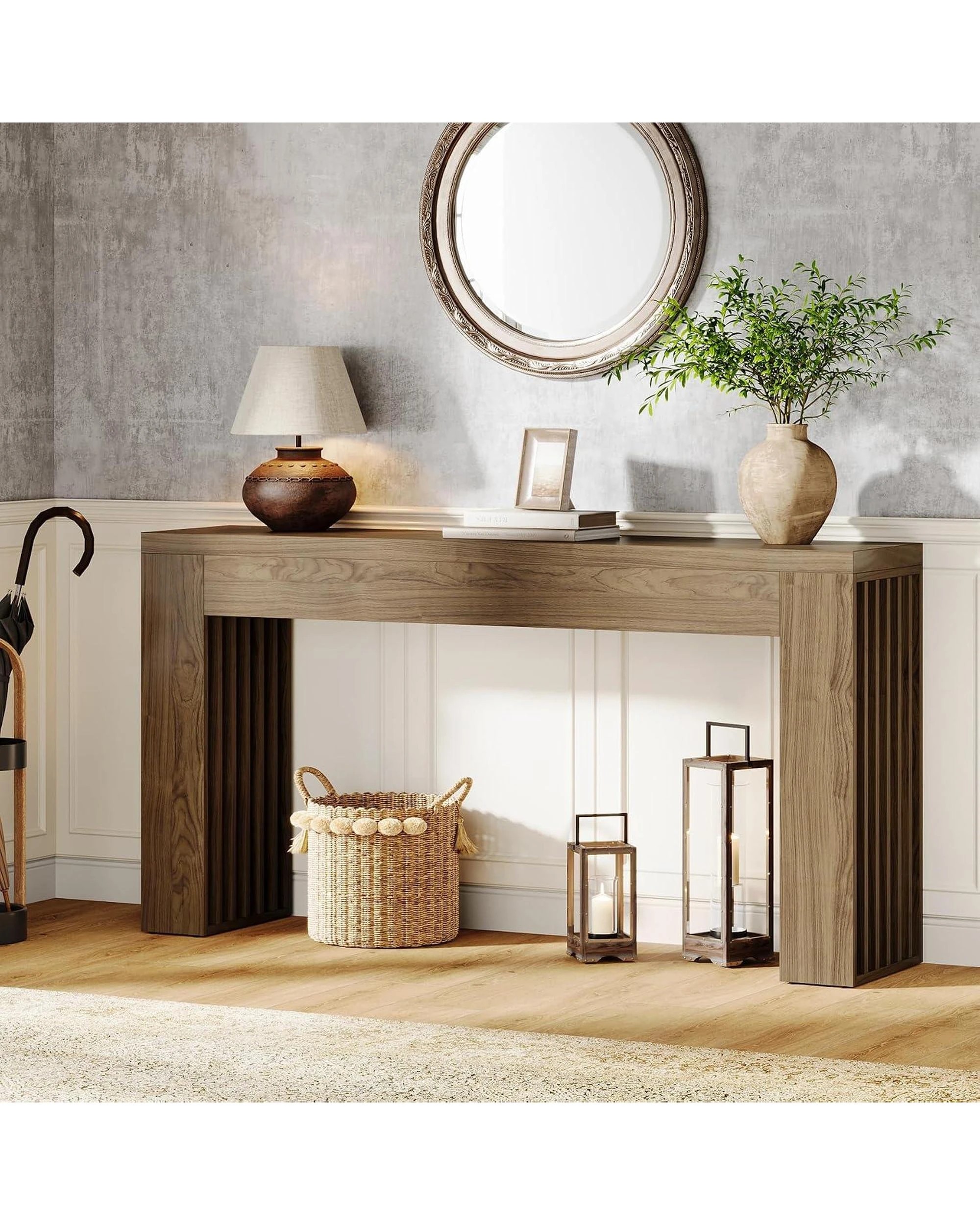 2 OAKORY 150cm Console Table, Slat Leg Entryway Table Behind The Couch, Rustic Brown, 2 of 5