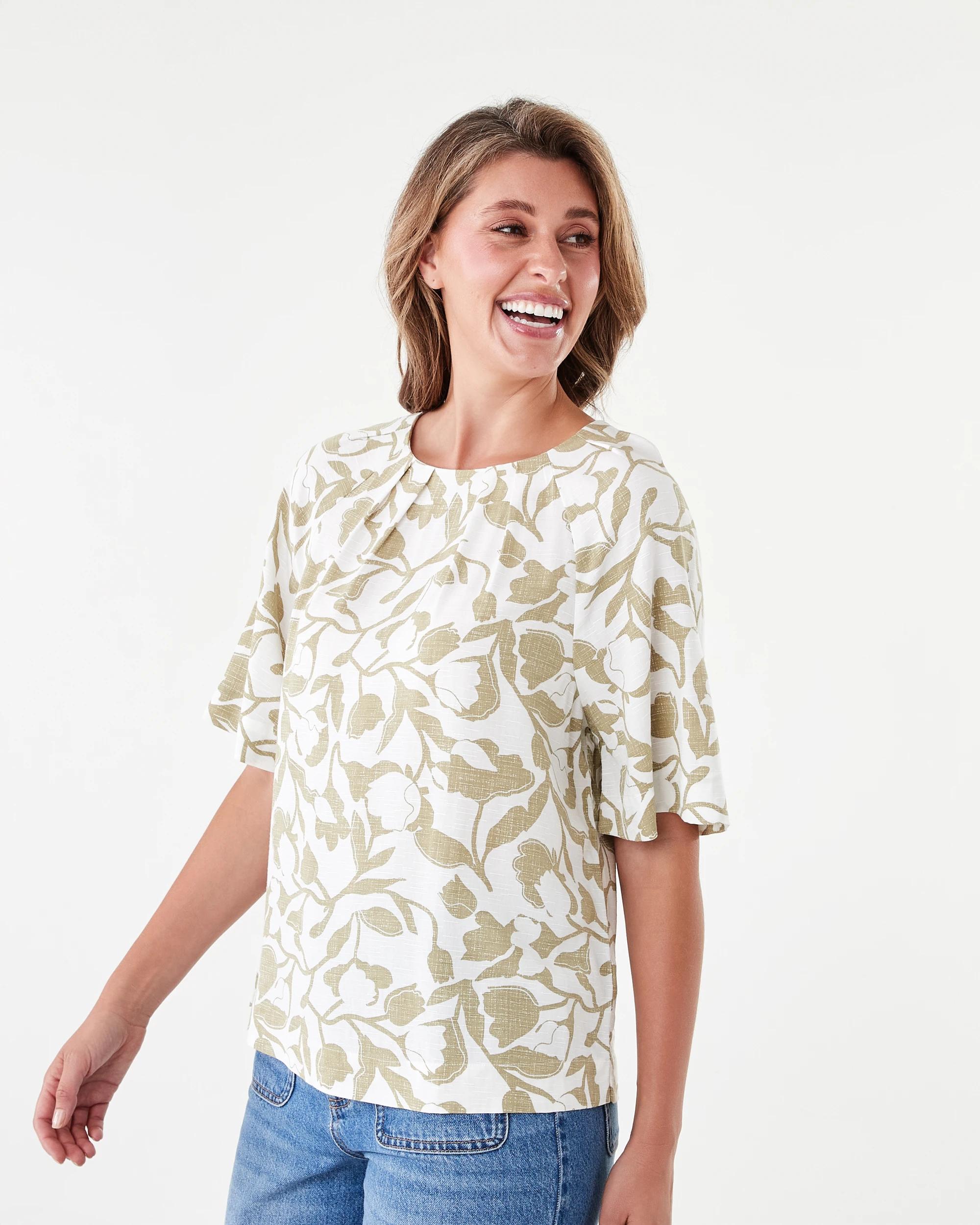 2 Short Sleeve Tuck Top Green Flrl, 2 of 7